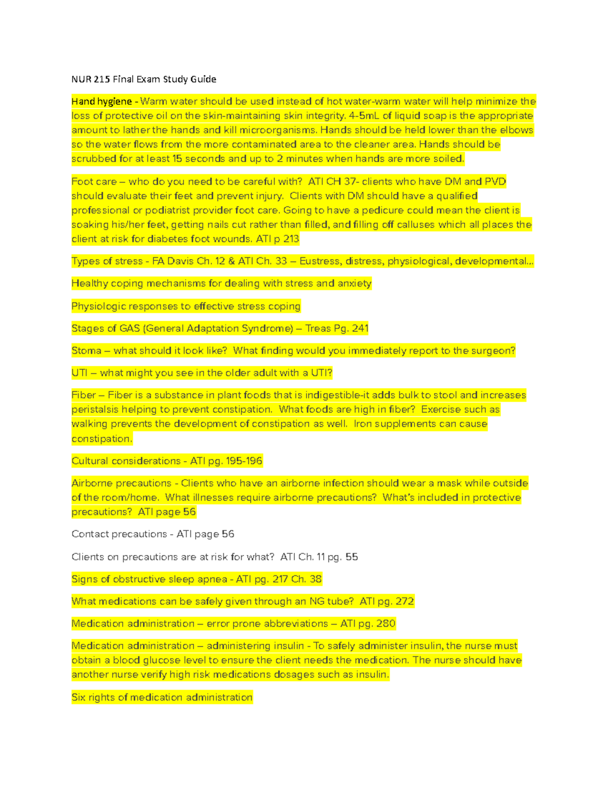 NUR215 Final exam study guide - NUR 215 Final Exam Study Guide Hand ...