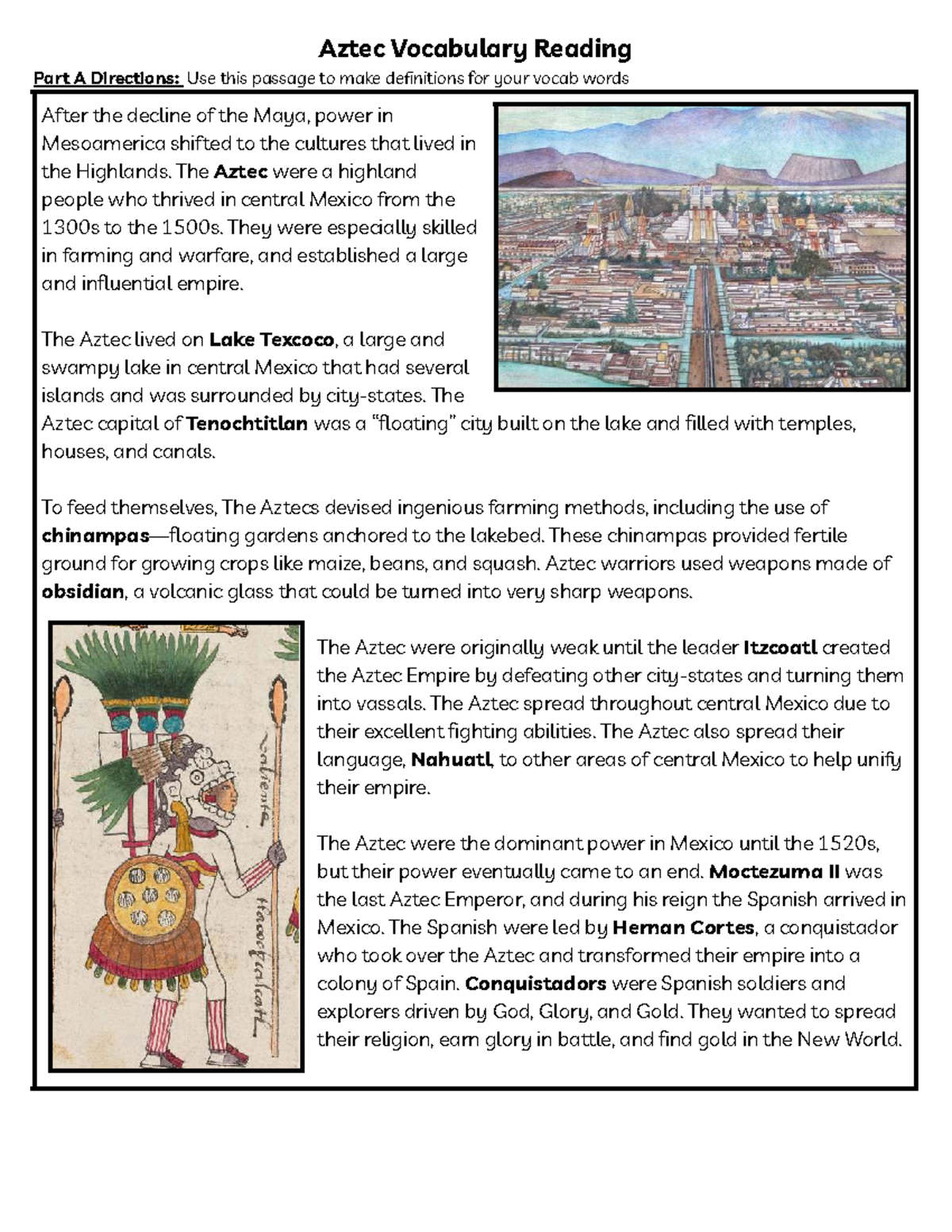 Aztec Vocabulary Reading Part A: Define Key Terms from Passage - Studocu