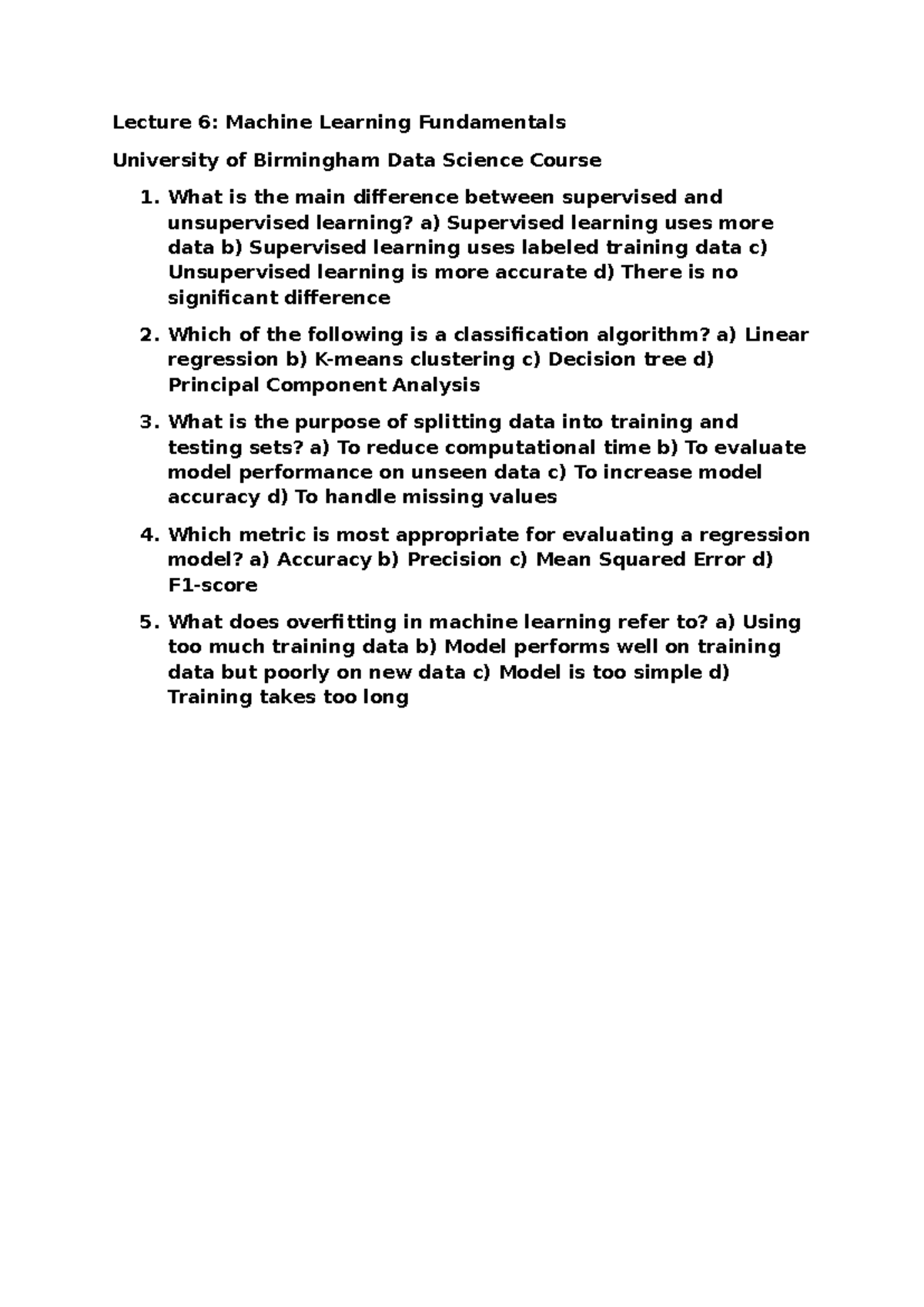 Lecture 6: Machine Learning Fundamentals - Data Science Course 1 - Studocu