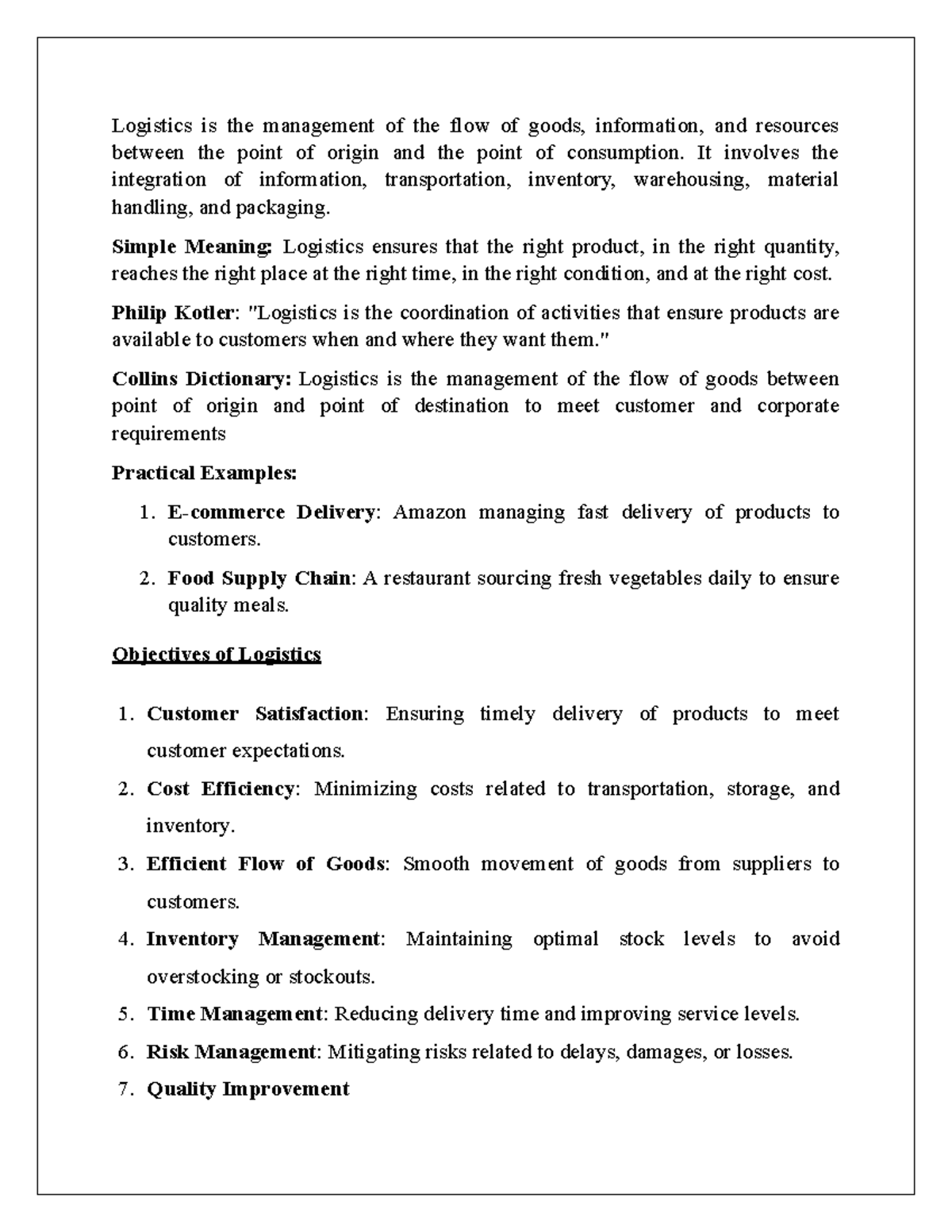 SCM 01 Notes: Understanding Logistics Management and Its Impact - Studocu