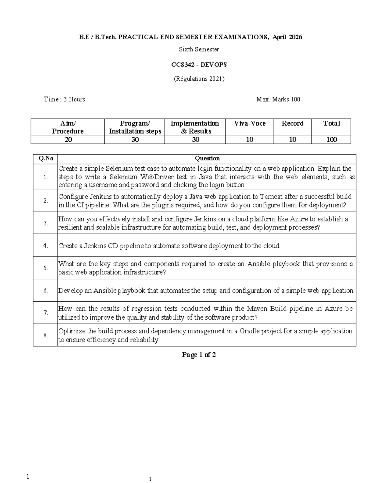 B.E B.Tech. CCS342 DEVOPS Practical Exam Lab Questions - April 2026 ...