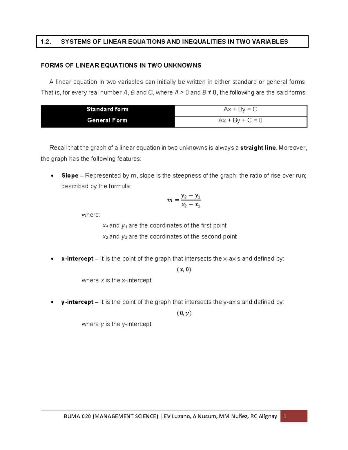 1.2. Systems of Linear Equations & Inequalities in Two Variables - BUMA ...