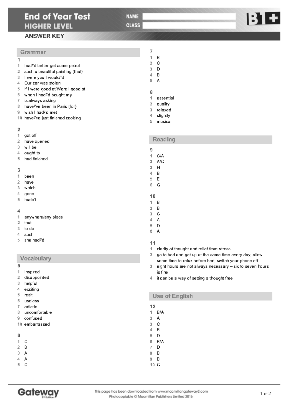 B1PLUS End of Year Test Answer Key - Studocu