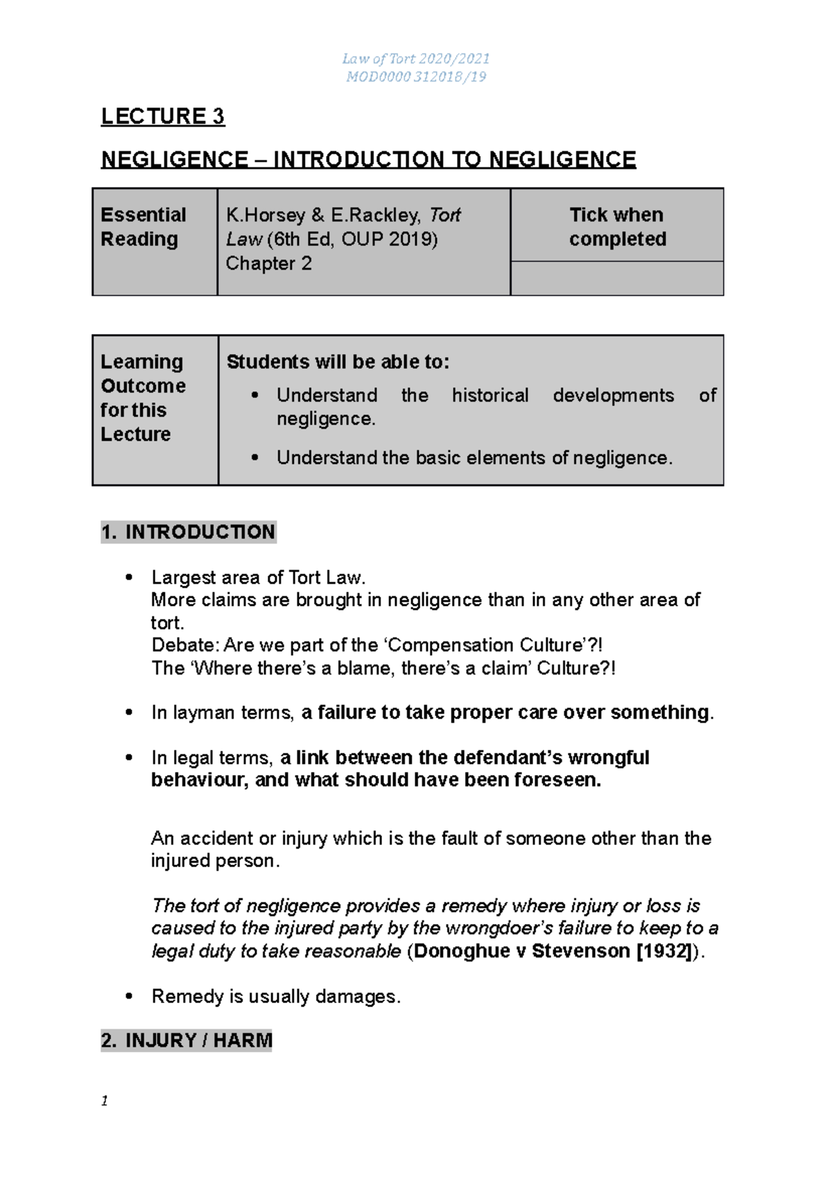 Lecture 3 - Introduction to Negligence in Tort Law (MOD0000) - Studocu
