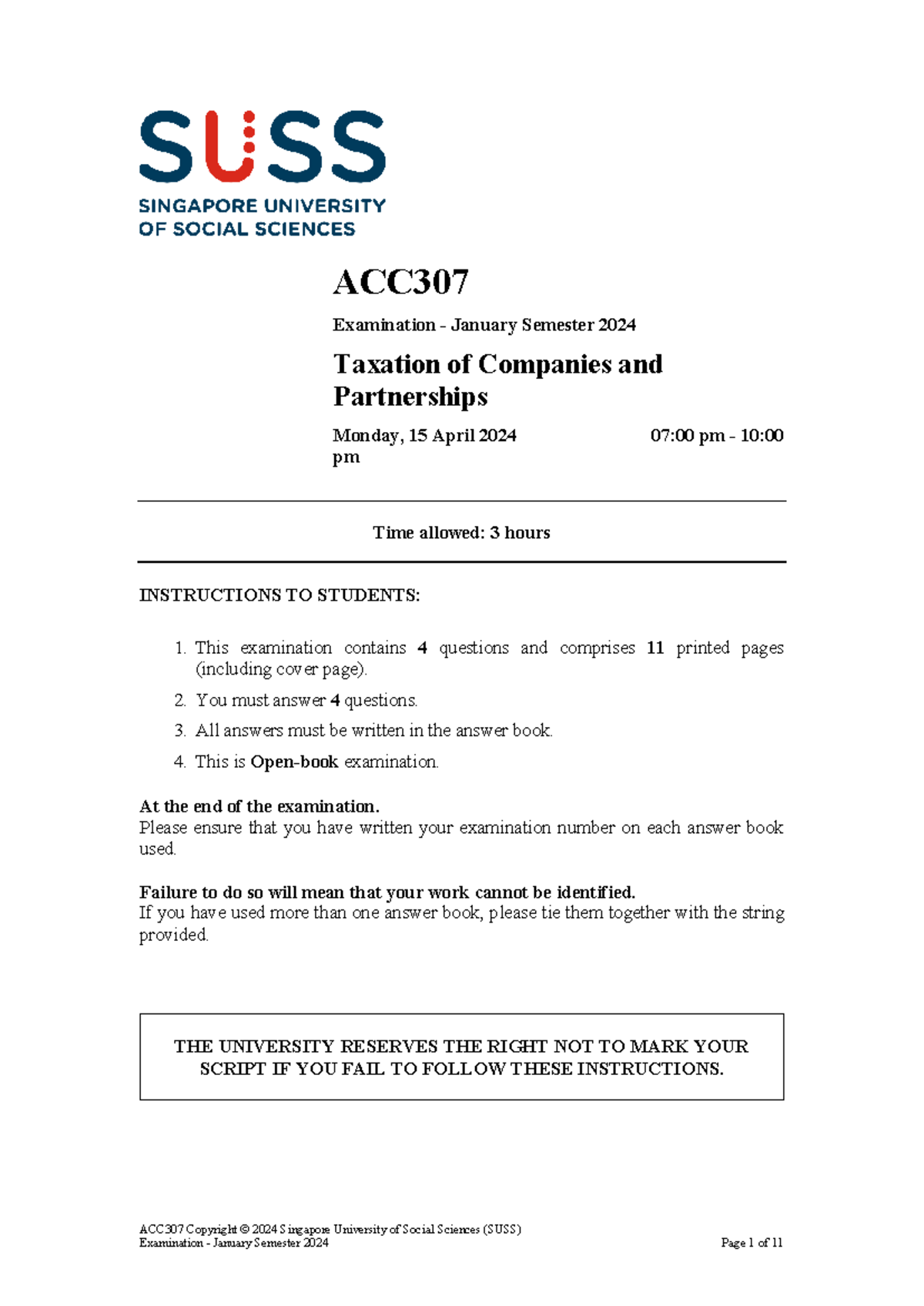 ACC307 JAN 2024 EQP - question paper - ACC307 Copyright © 2024 ...