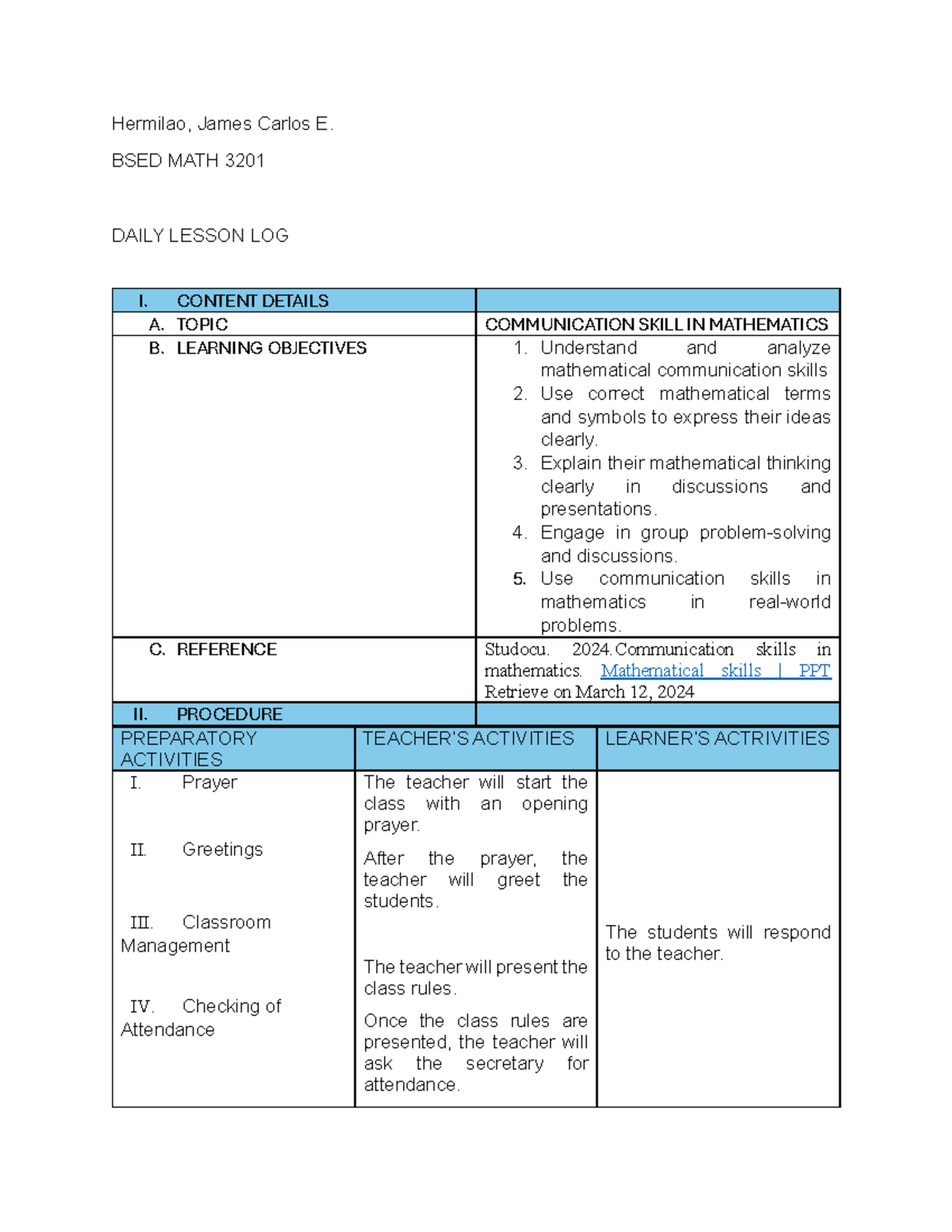 BSED MATH 3201 Daily Lesson Log: Communication Skills in Math - Studocu