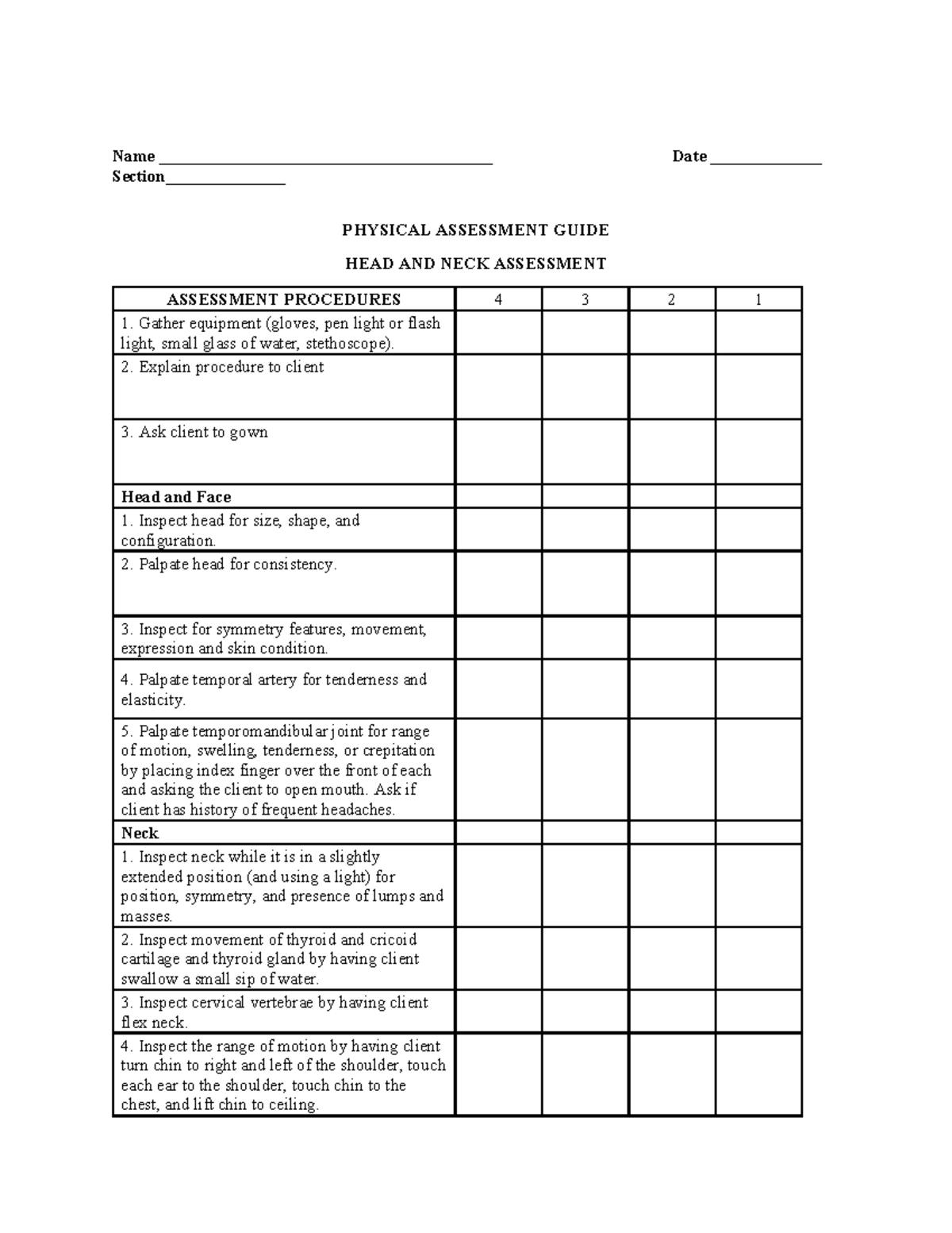 Head and Neck Assessment Rubric for HA Course - Studocu