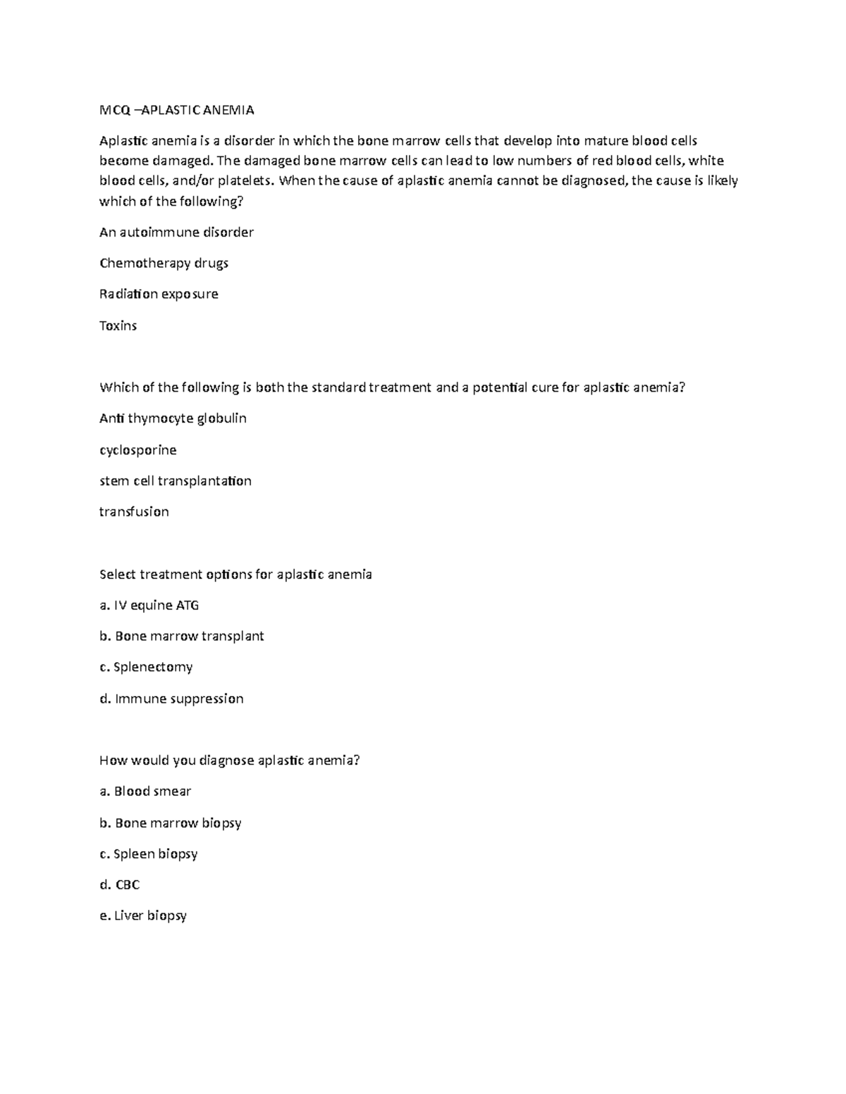 Aplastic Anemia MCQs - Pathology Exam Questions and Answers - Studocu