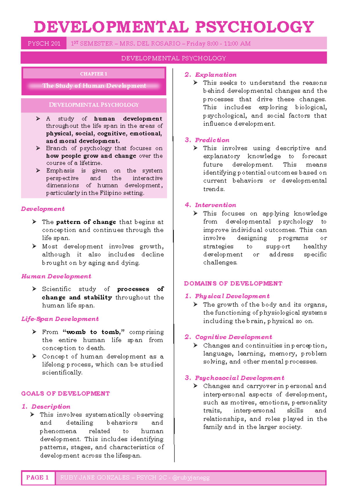 DEV PSYCH 201 CH 1-2 REVIEW NOTES FOR 1ST SEMESTER - Studocu