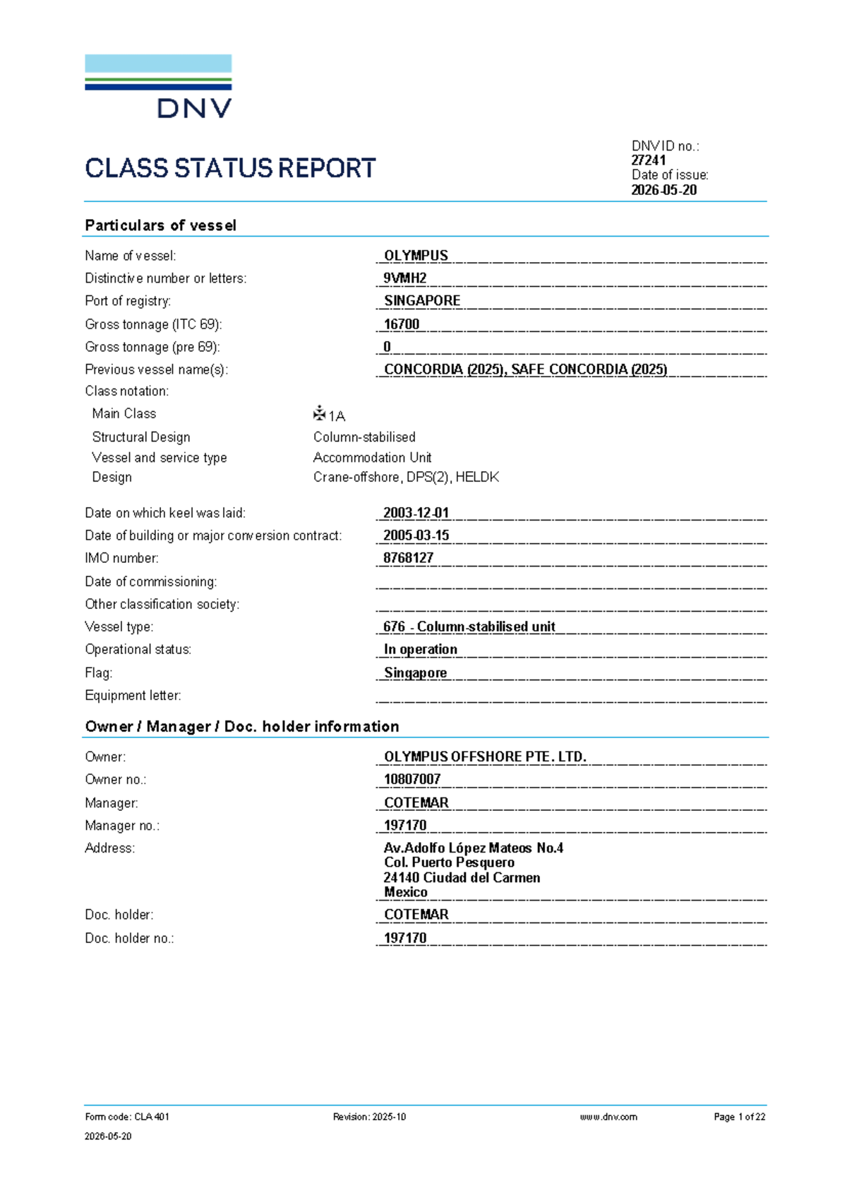 27241 - Class Status Report for Vessel OLYMPUS (May 2026) - Studocu