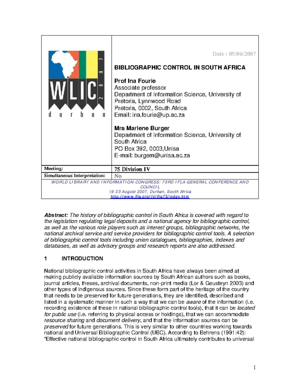 BIBLIOGRAPHIC CONTROL IN SOUTH AFRICA: A HISTORICAL OVERVIEW (BIBLIO ...