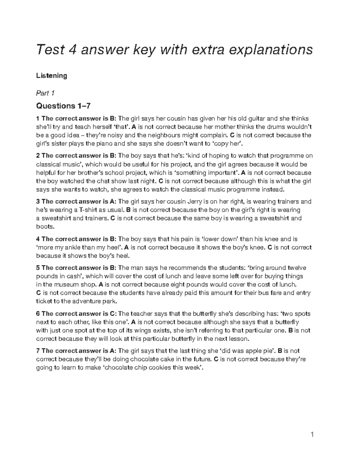 Test 4 answer key, Listening - 1 Test 4 answer key with extra ...