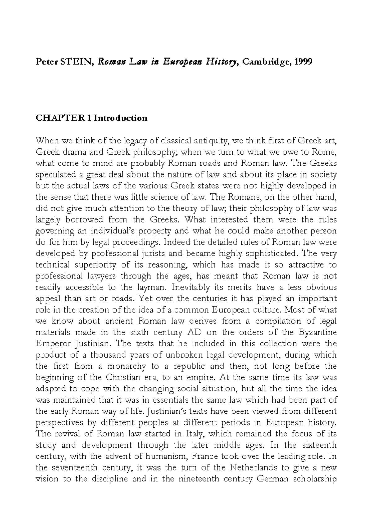 Roman Law in European History: Chapter 1 Overview and Insights - Studocu