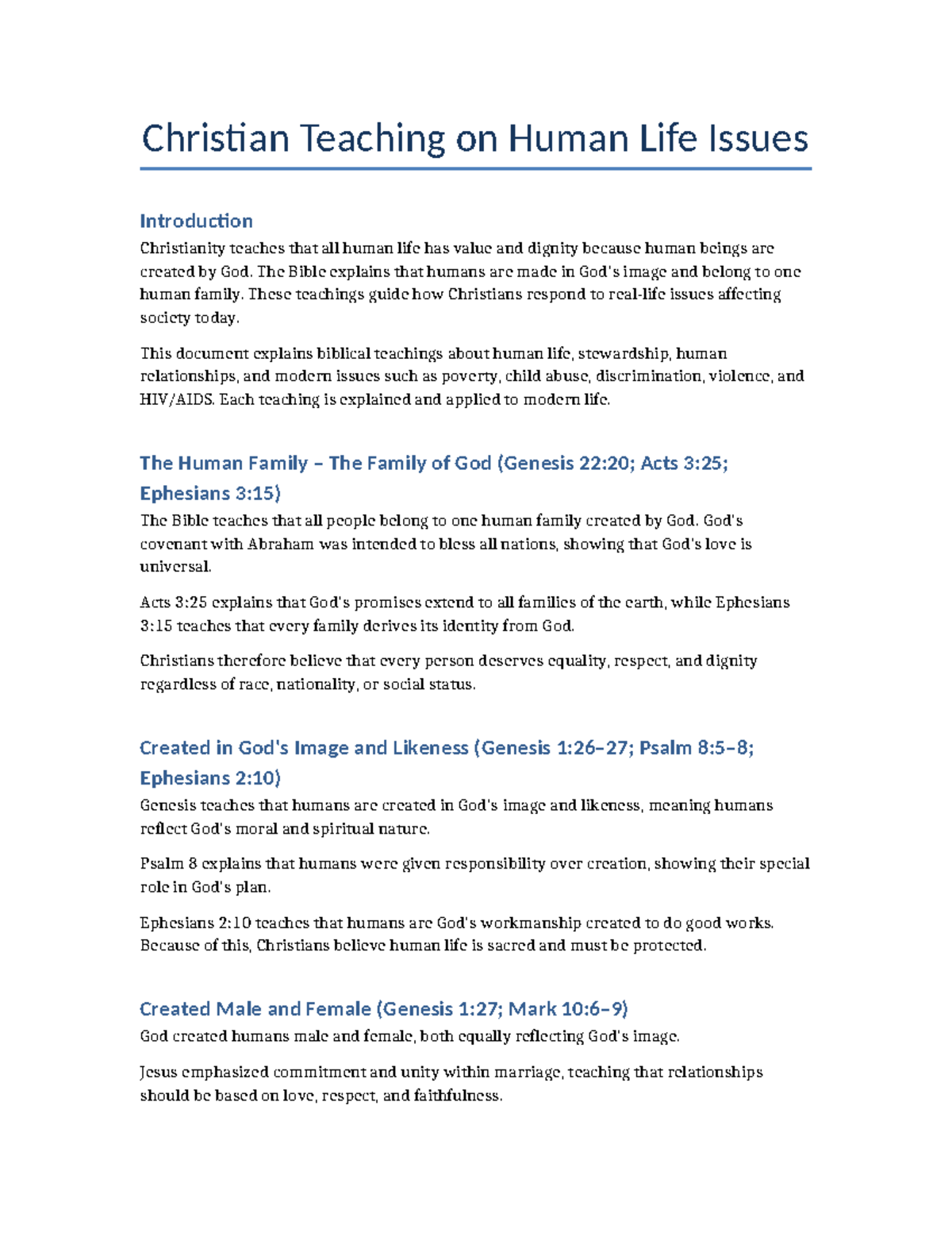Christian Teaching on Human Life Issues (CHLI 101) - Updated Notes ...