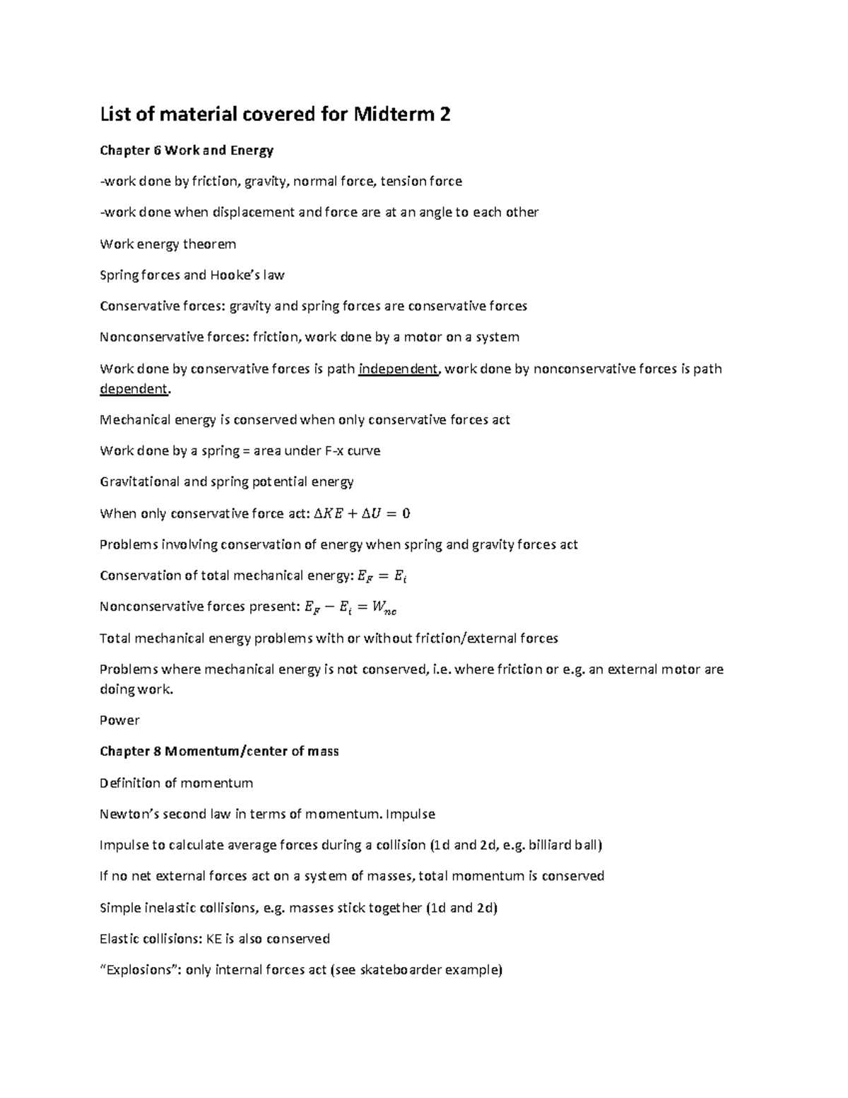 Midterm 2 Study Guide: Work, Energy, and Momentum Concepts - Studocu