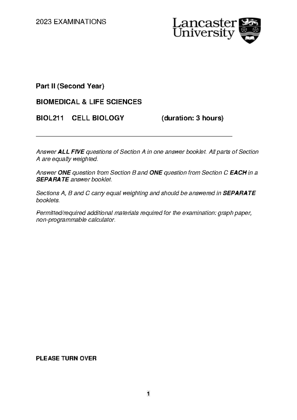 BIOL211 2023 - Past Paper for Cell Biology Exam (Part II) - Studocu