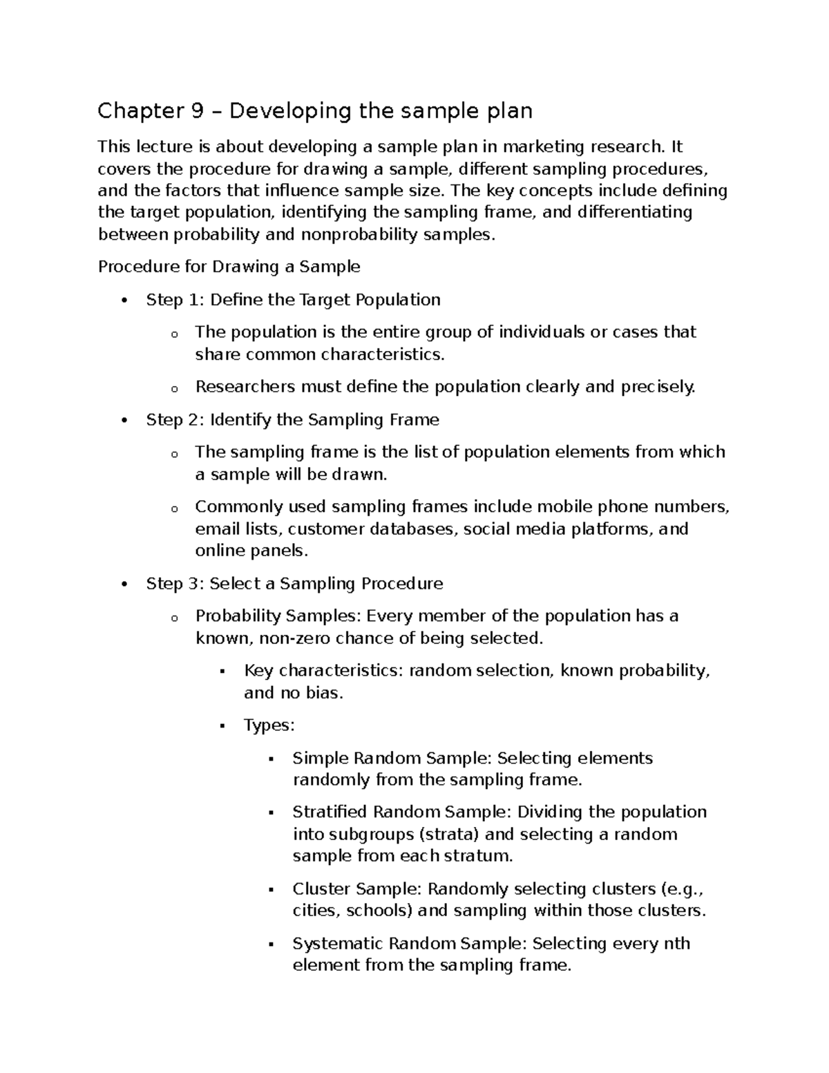 Lecture Notes: CH9 - Marketing Research Sample Plan Procedures ...