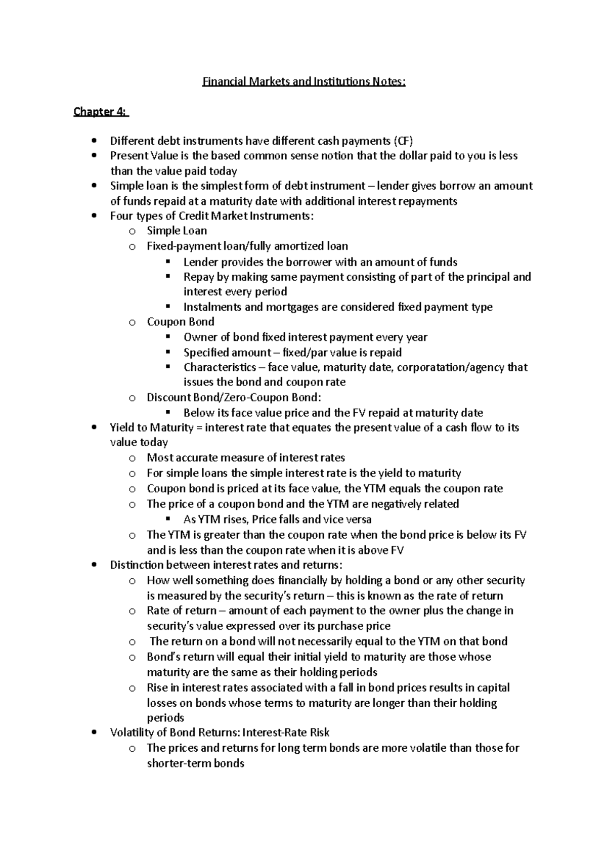 FM&I Notes: Ch. 4 & 5 - Understanding Debt Instruments & Asset Demand ...