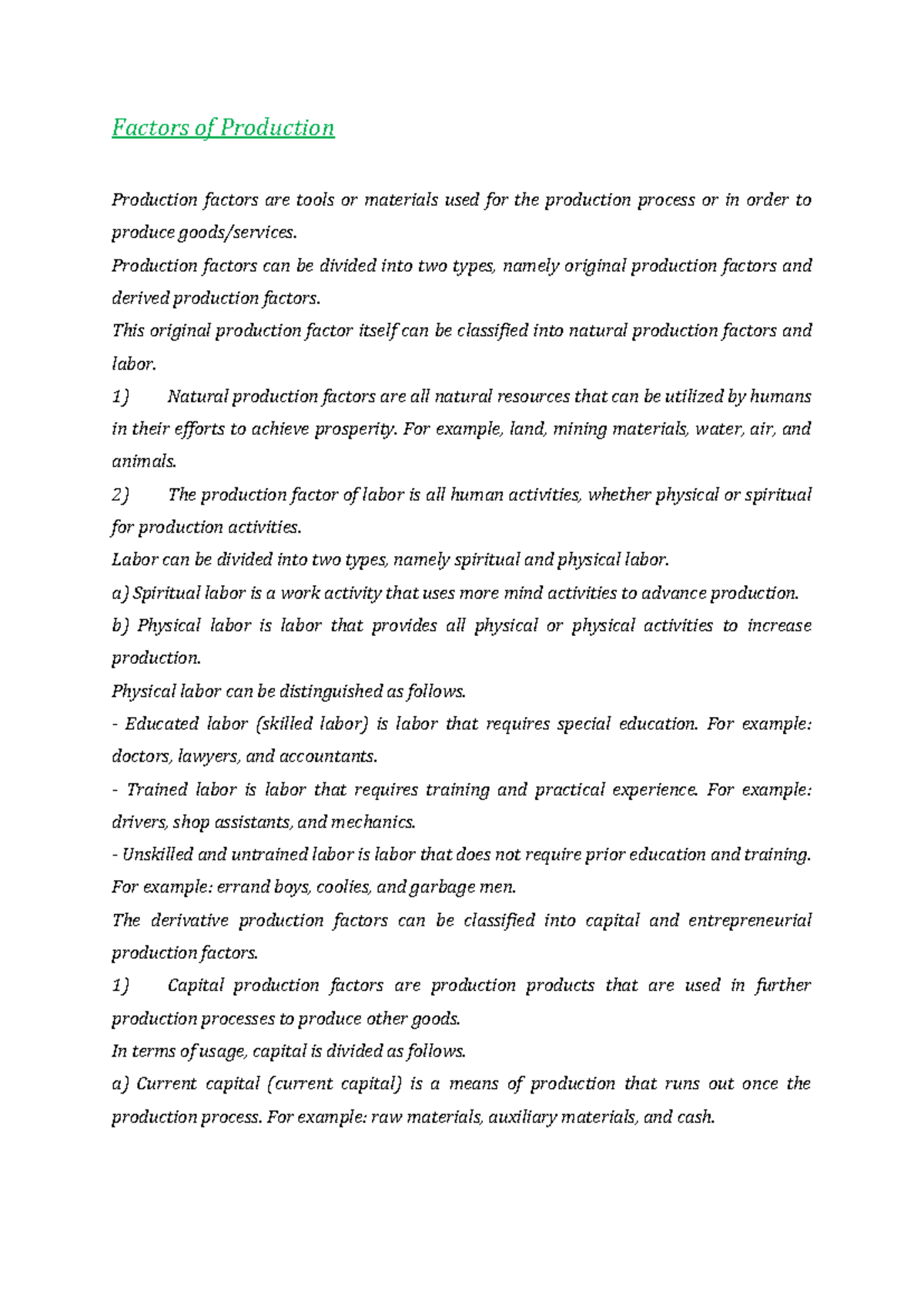 Factors of Production: An Overview of Resources and Labor Types - Studocu