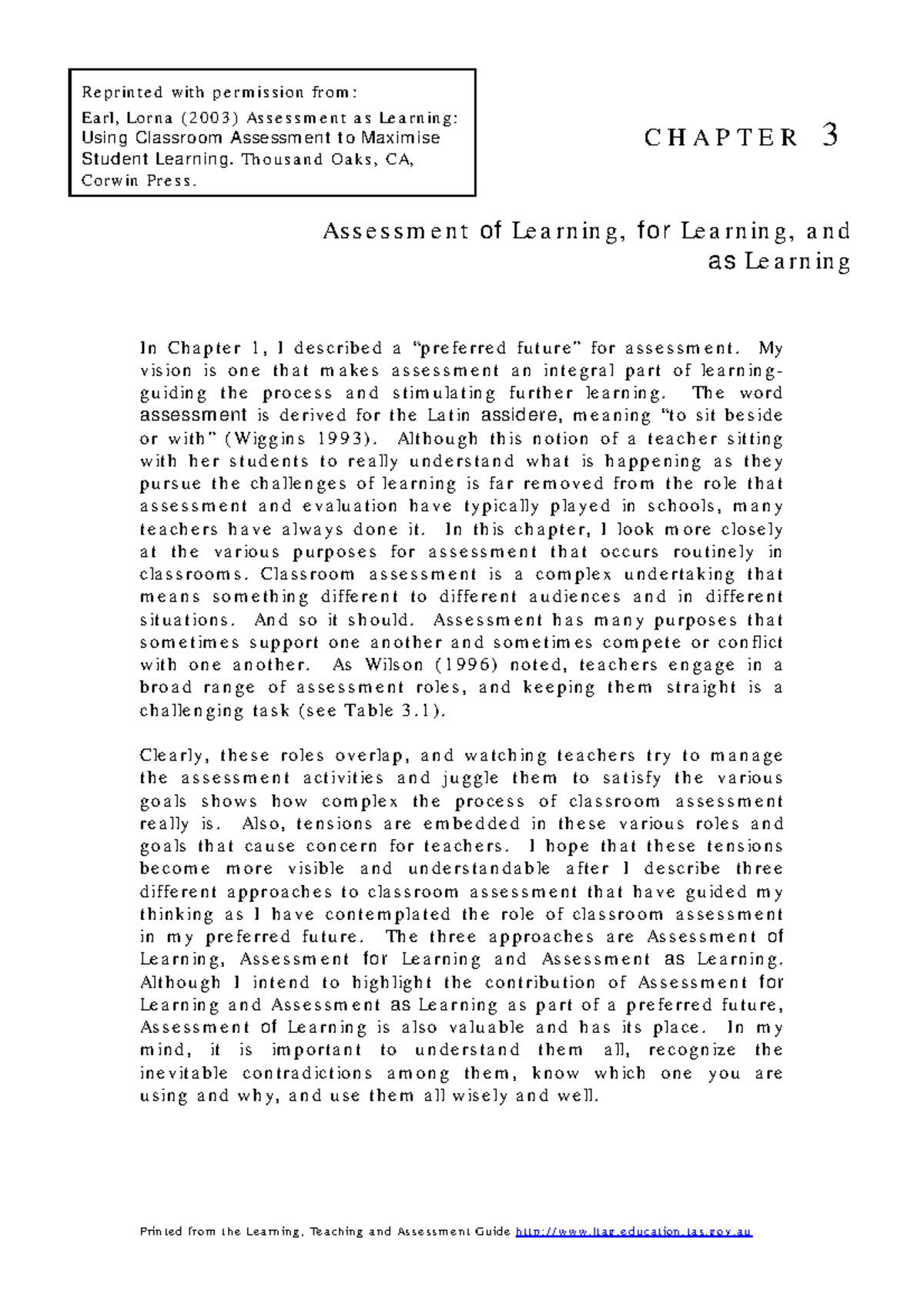 Assessment of, for, and as Learning: Insights from Chapter 3 - Studocu
