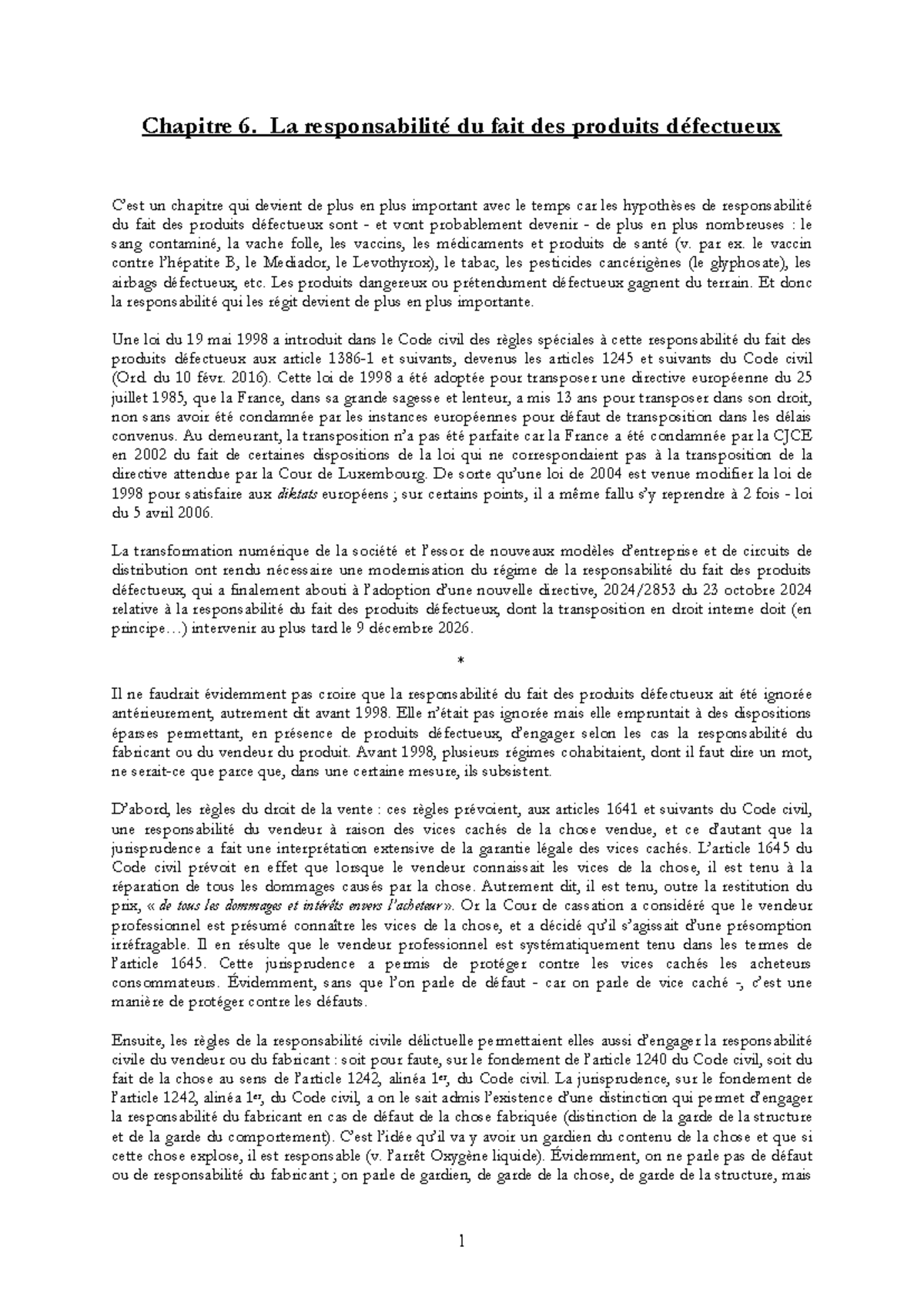 Chapitre 6 - La Responsabilité du Fait des Produits Défectueux - Studocu