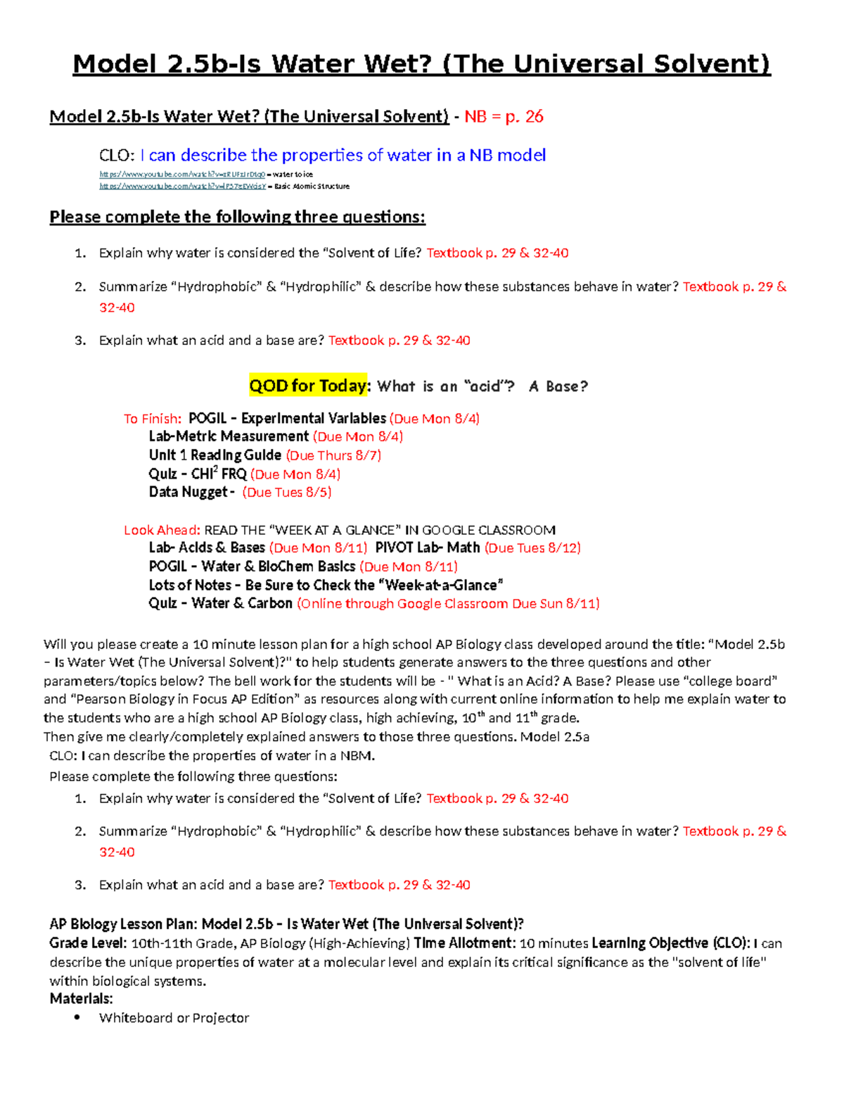 AP Biology Lesson Plan: 2.5b Is Water Wet? (The Universal Solvent ...