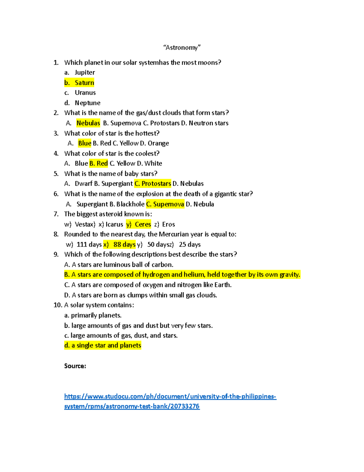 Astronomy 1 - Quiz on Moons, Stars, and Solar Systems for SCI 102 - Studocu