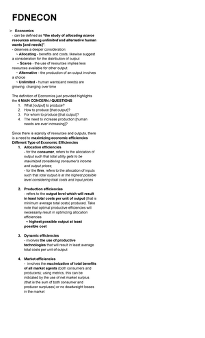 Fundamentals of Economics: Key Concepts and Efficiency Types - Studocu