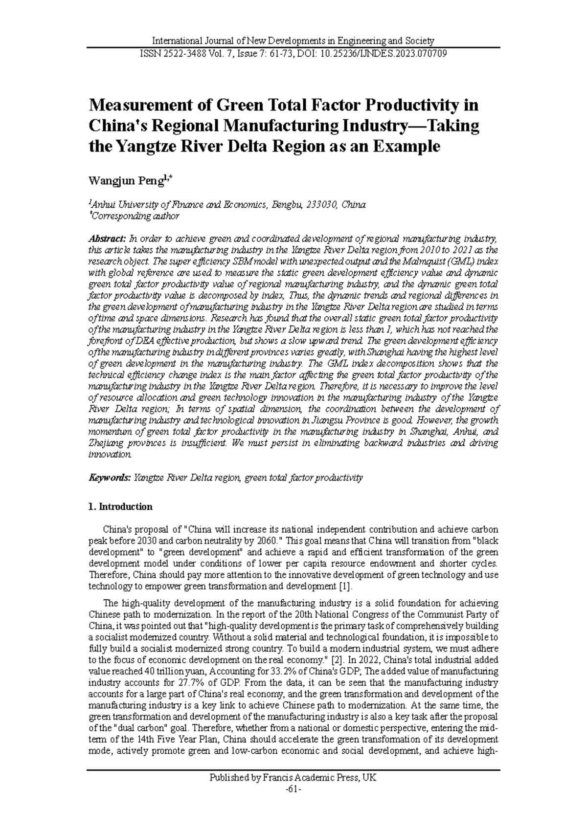 Measurement of Green Total Factor Productivity in YRD Region: 2010-2021 ...