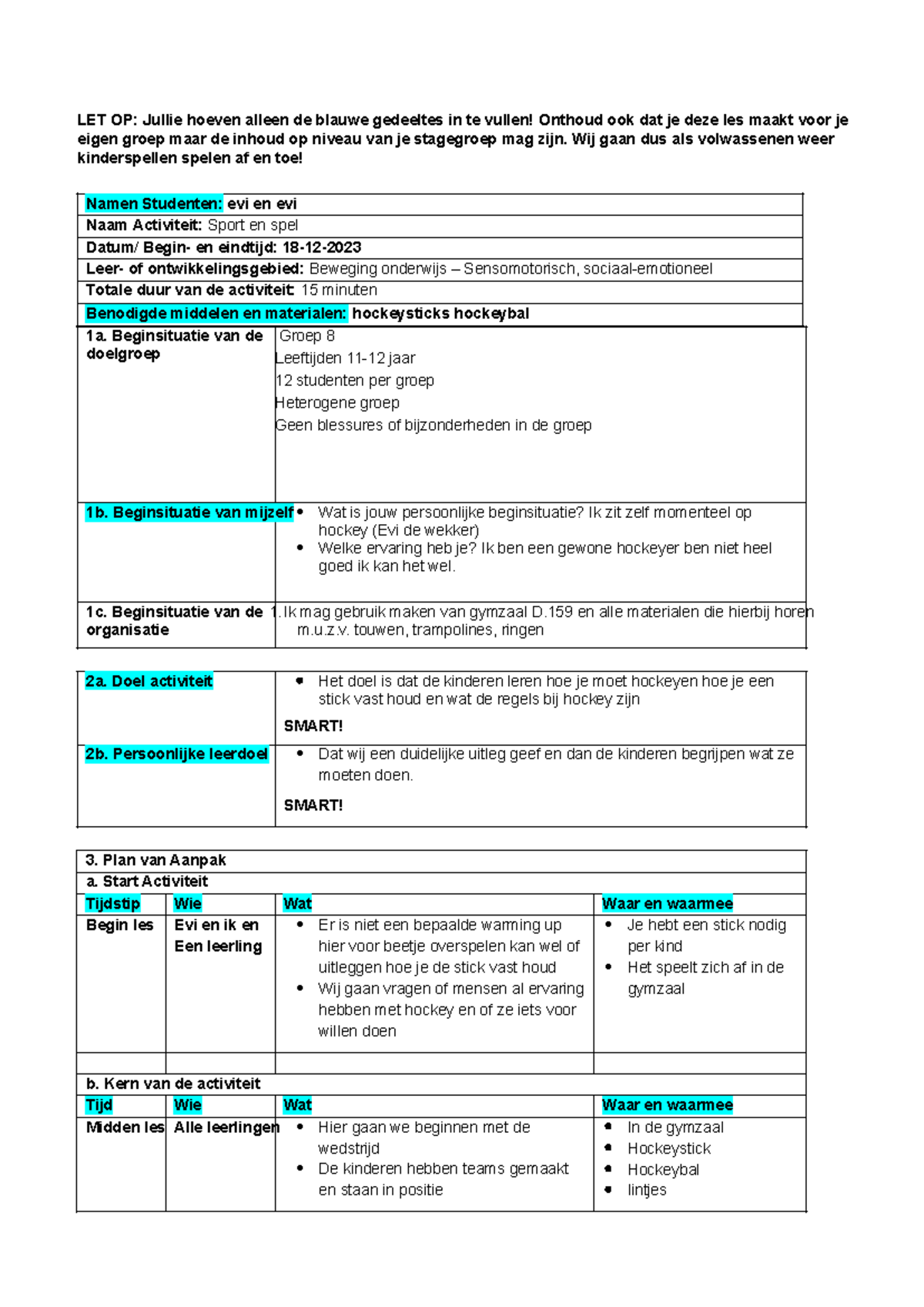 Lesplan Sport en Spel: Methodisch Stappenplan voor Evi en Evi - Studeersnel