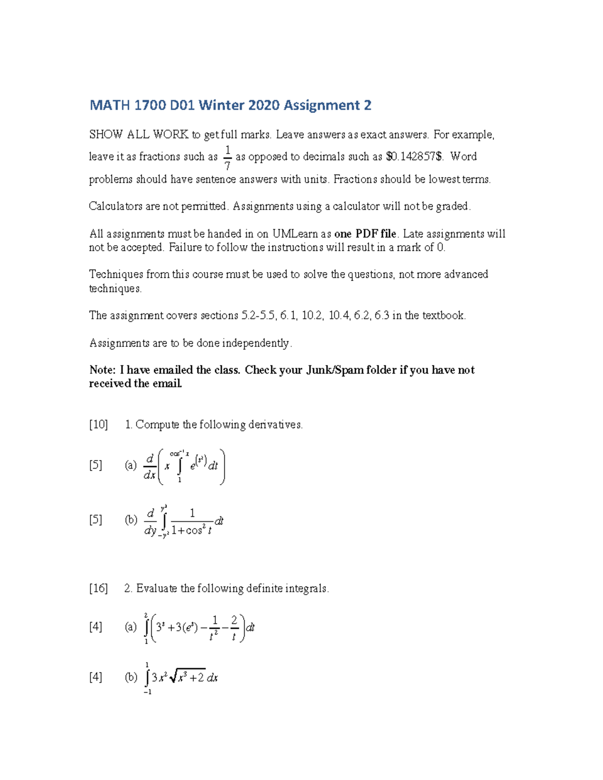 MATH 1700 D01 Winter 2020 Assignment 2 Guidelines and Problems - Studocu