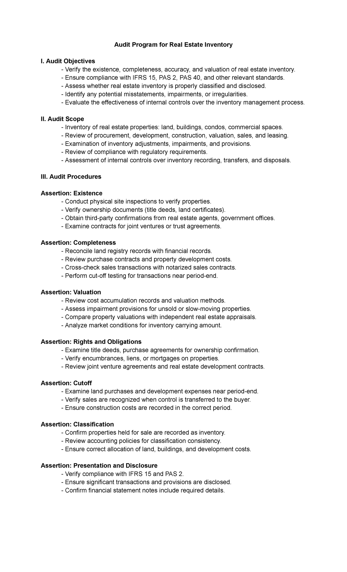 Audit Program for Real Estate Inventory - Objectives & Procedures - Studocu