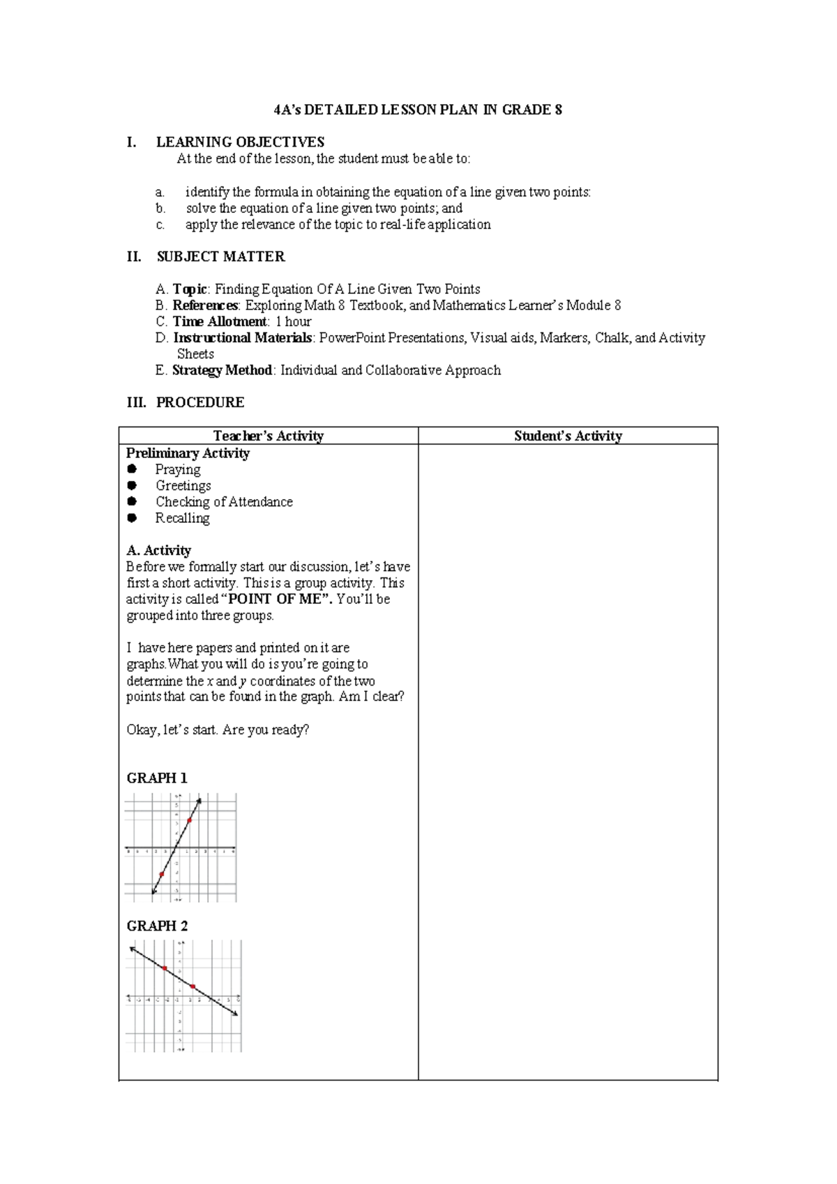 Grade 8 DLP: Finding Equation of a Line from Two Points - Studocu