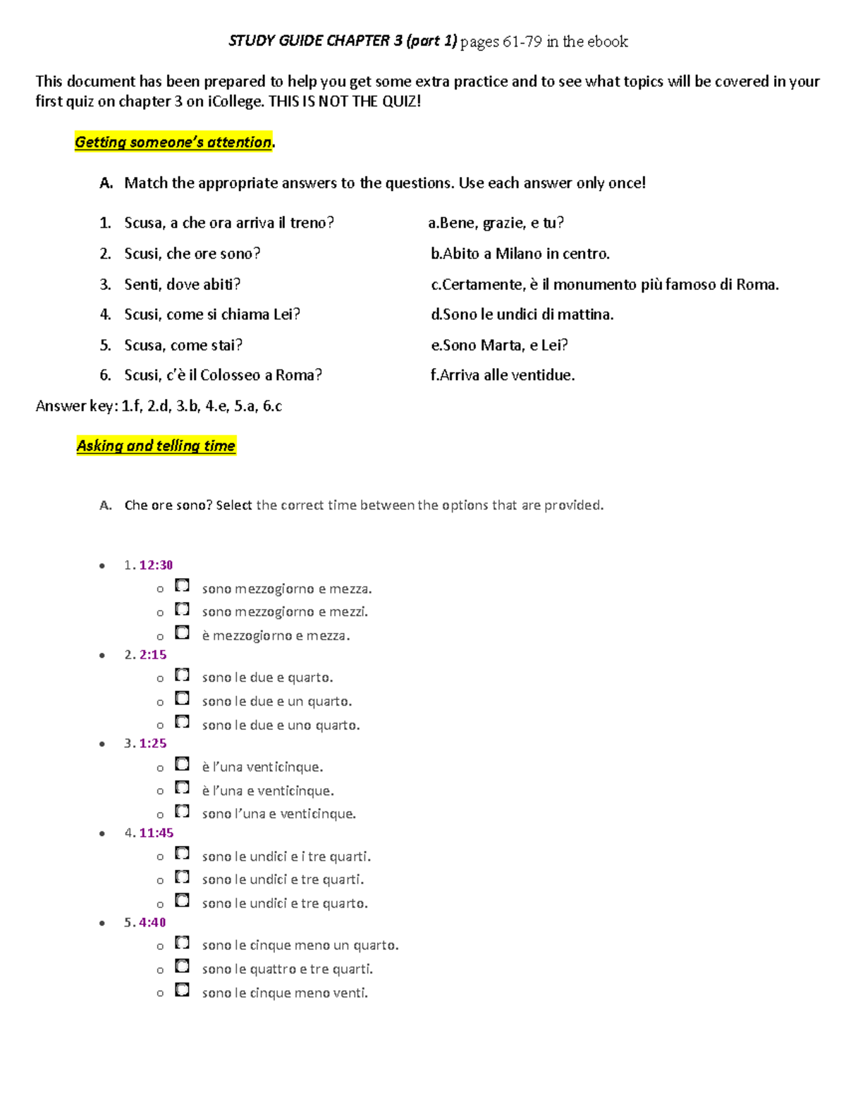 Chapter 3 Study Guide & Answers: Quiz Prep for Italian 101 - Studocu