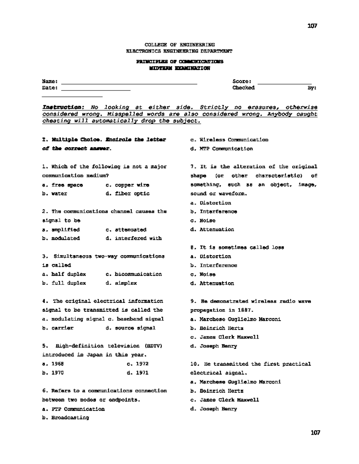 ECEN 202 - Principles of Communications Midterm Exam Review - Studocu