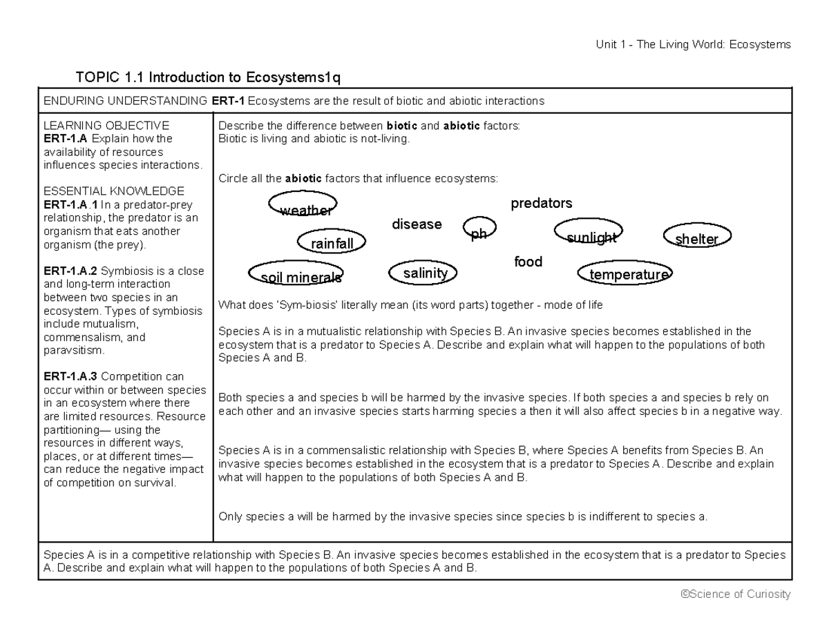 Guided Notes AP Environmental Science Unit 1: Ecosystems Overview - Studocu