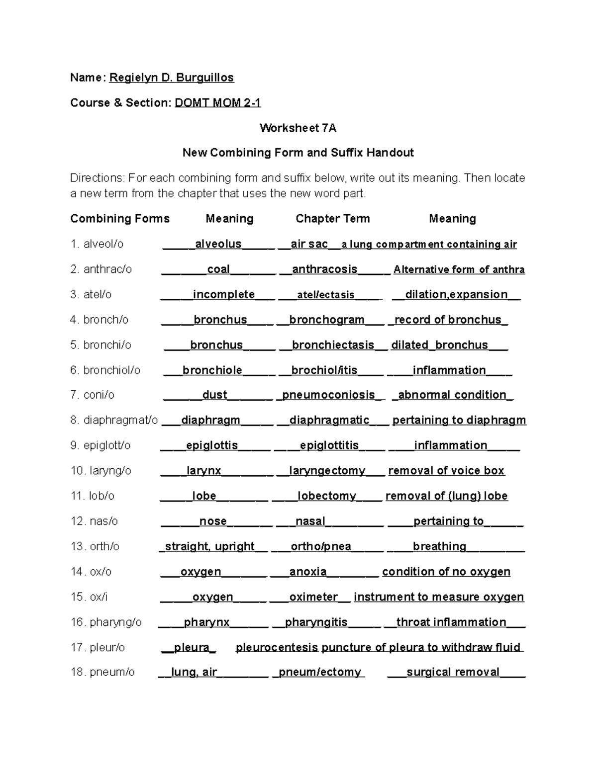 DOMT MOM 2- Chapter 7: New Combining Forms and Suffixes Worksheet - Studocu