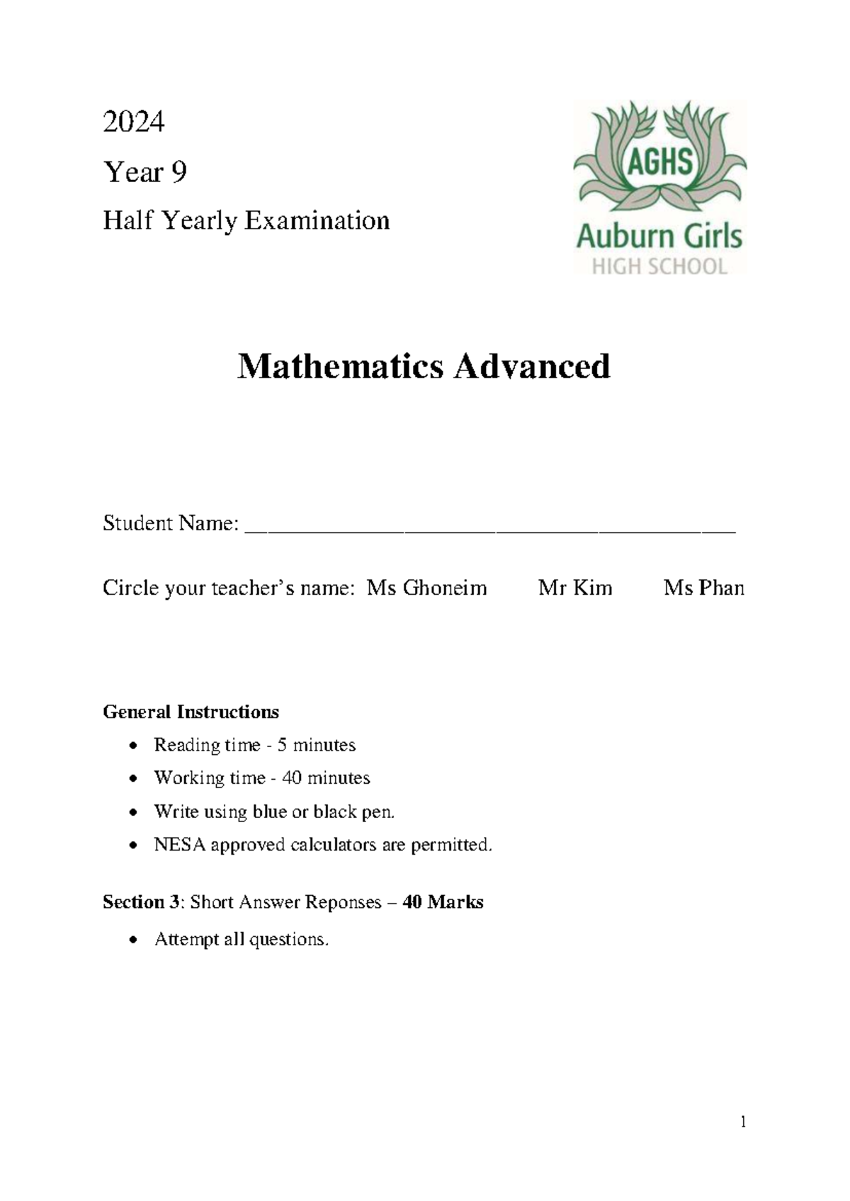 2024 Yr 9 Mathematics Advanced Half Yearly Exam Paper - Studocu