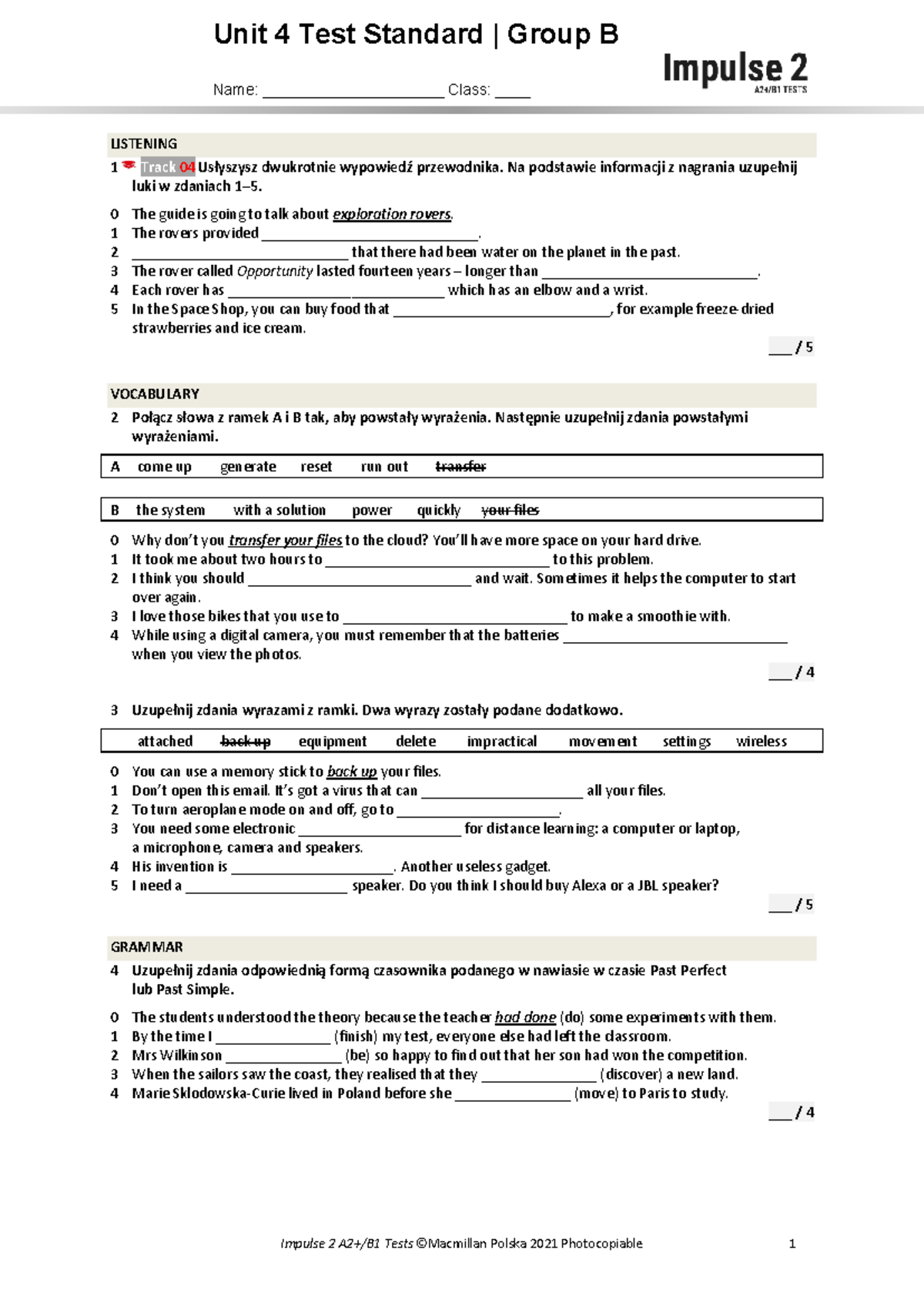 Unit 4 Listening Test Standard Group B - Vocabulary & Grammar - Studocu