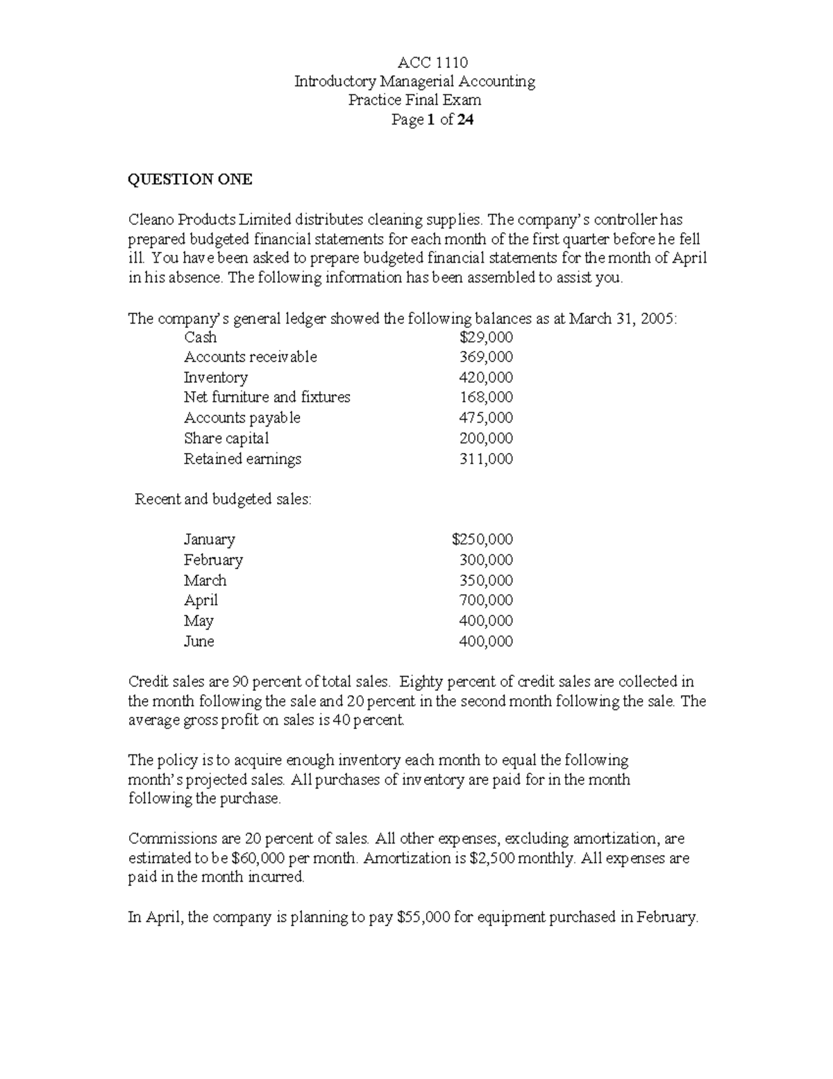 ACC Managerial Accounting Practice Final Exam Solutions 2016 - Studocu