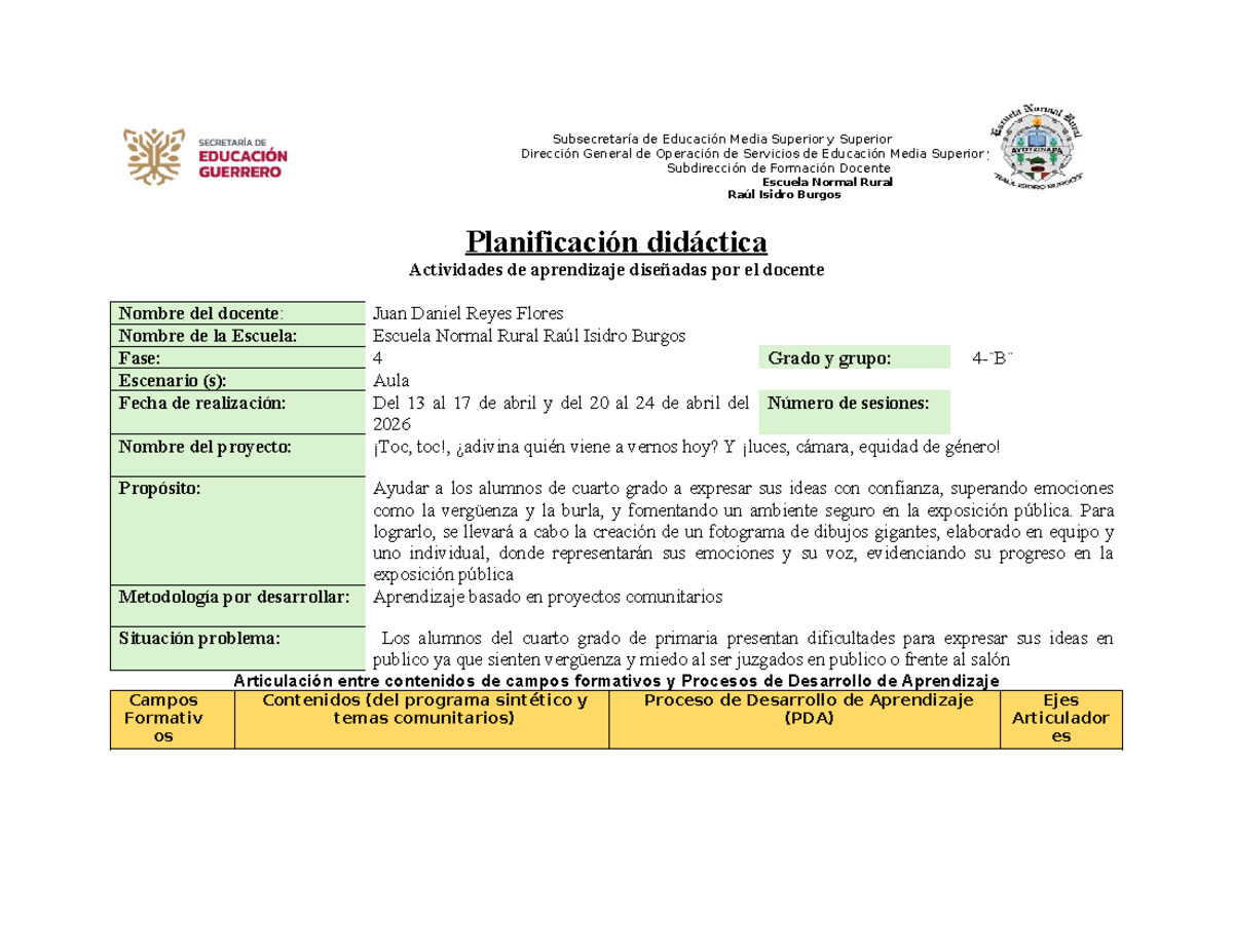 Planificación Didáctica: Proyectos Comunitarios 044650 - Studocu