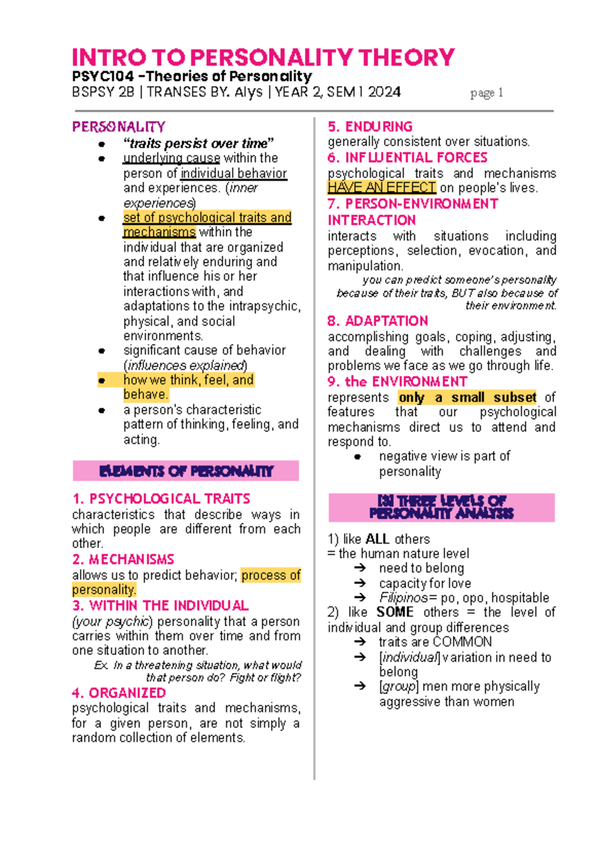 Introduction to Theories of Personality PSYC104 - BSPSY 2B Transes Year ...