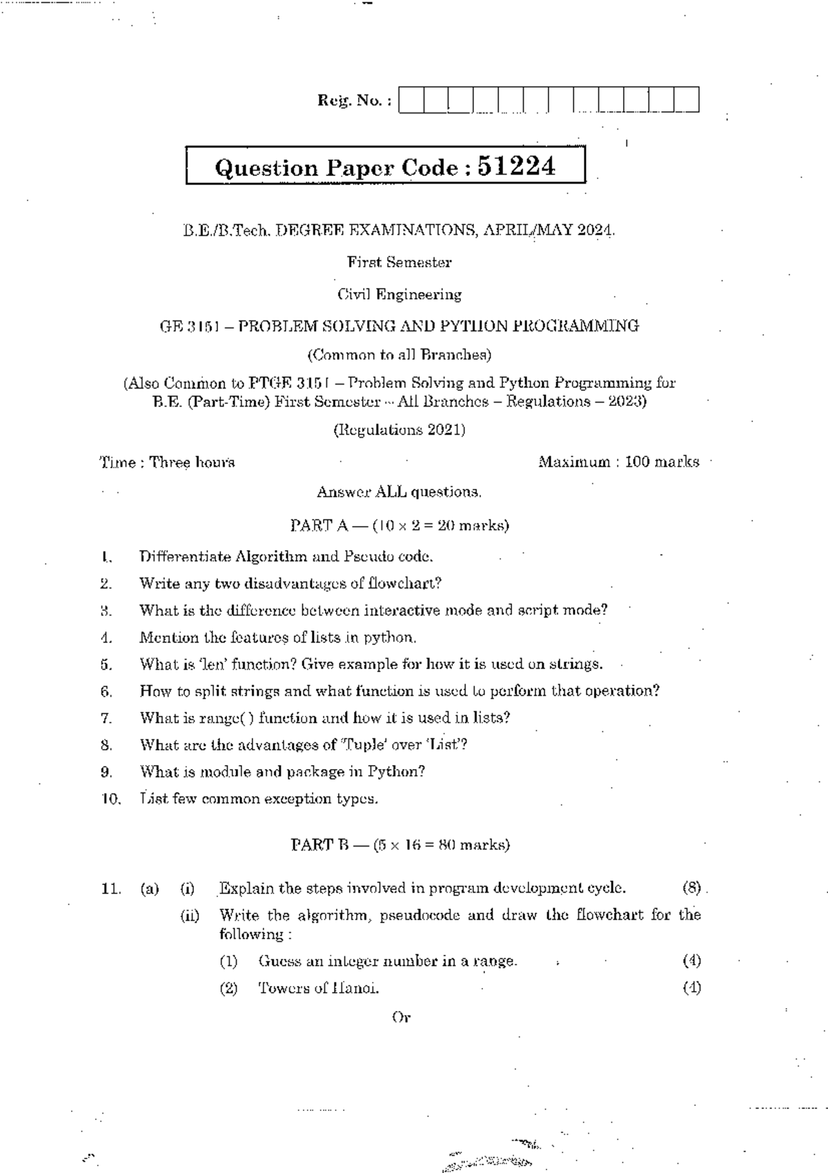 GE 3151 Problem Solving & Python Programming Exam Paper - I SEM 2024 ...