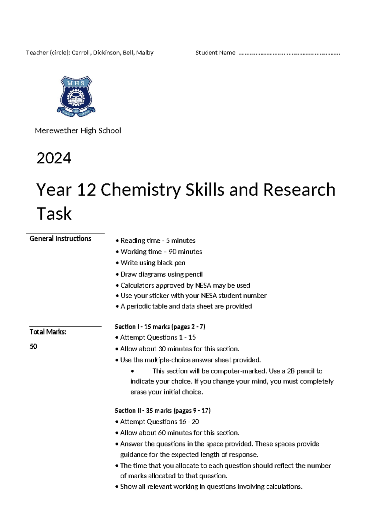 2024 Year 12 Chemistry Skills & Research Task - Final Exam - Studocu