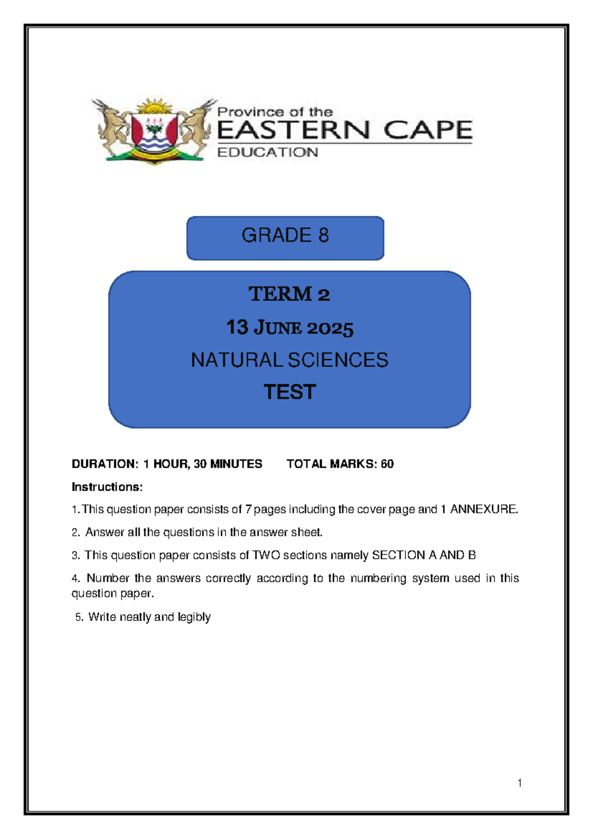 Natural Sciences Grade 8 Test Term 2 2025 - 1 Hour 30 Min - Studocu