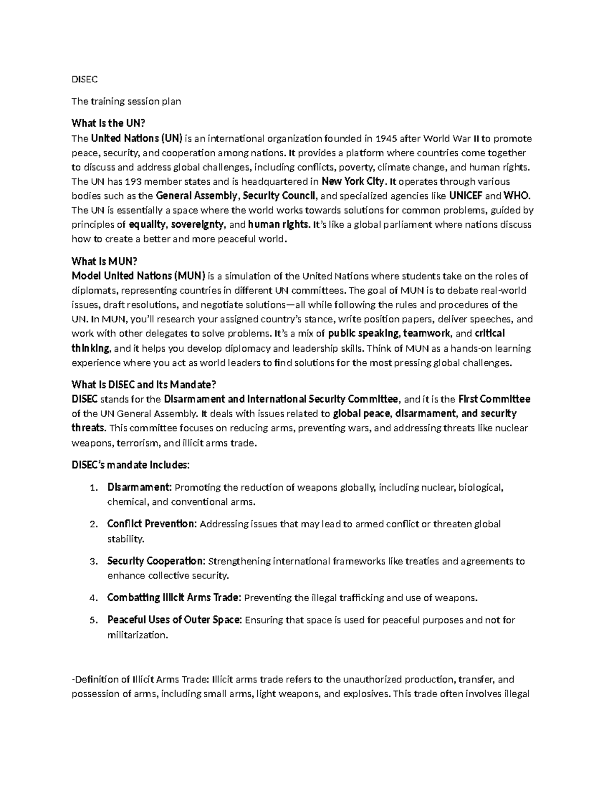 DISEC Training Session Plan: Understanding the UN and MUN - Studocu