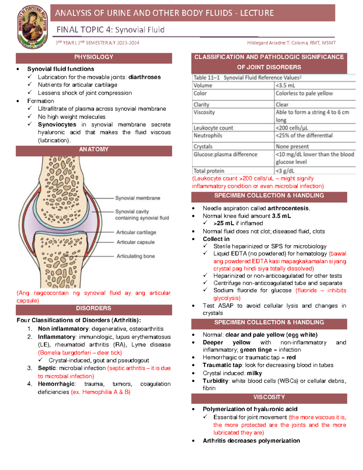 F4 AUBF LEC - Analysis of Synovial Fluid and Joint Disorders - Studocu