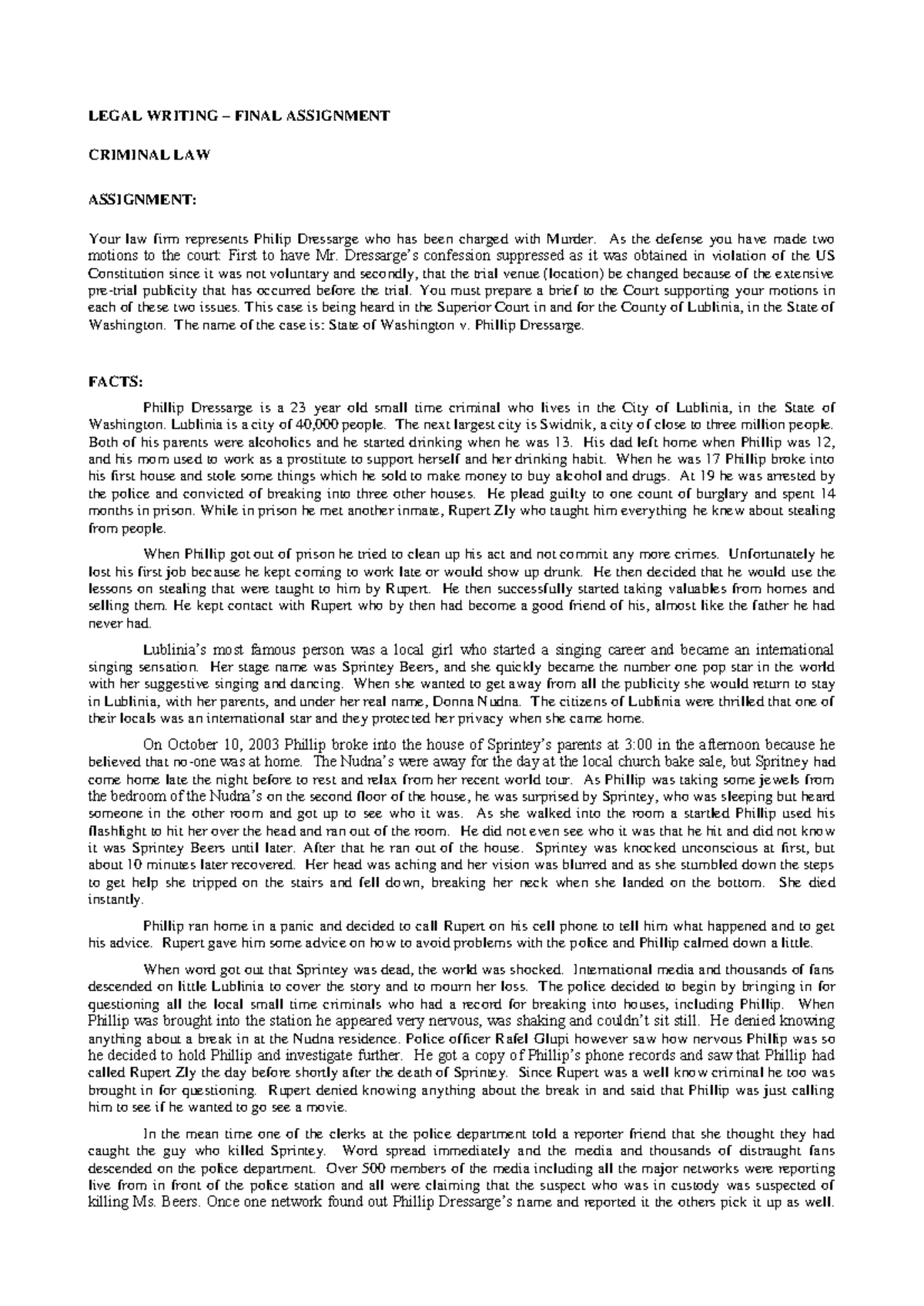 LW Criminal Exercise - Homework - LEGAL WRITING – FINAL ASSIGNMENT ...