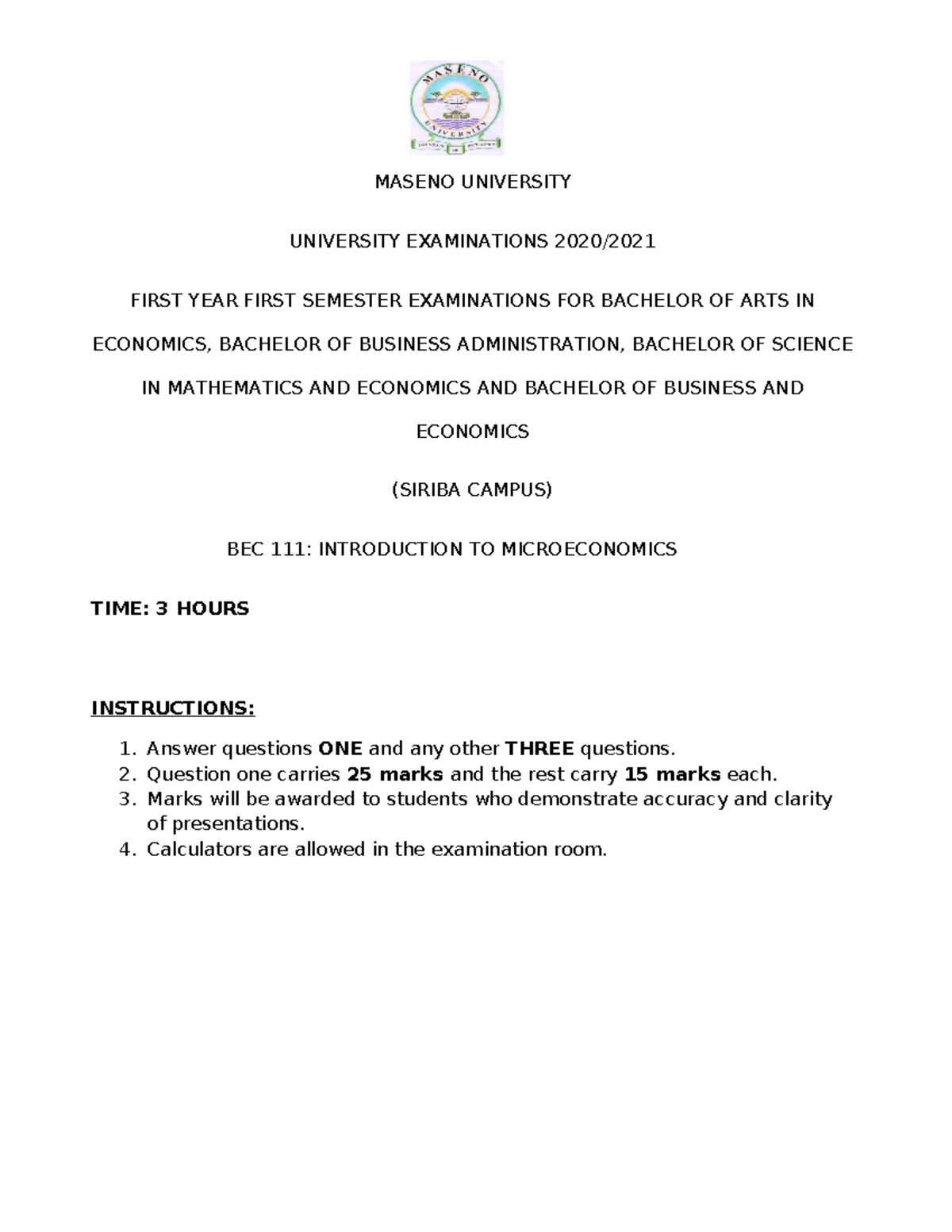 BEC 111 - Intro to Microeconomics Final Exam Questions SEM 1 20-21 ...