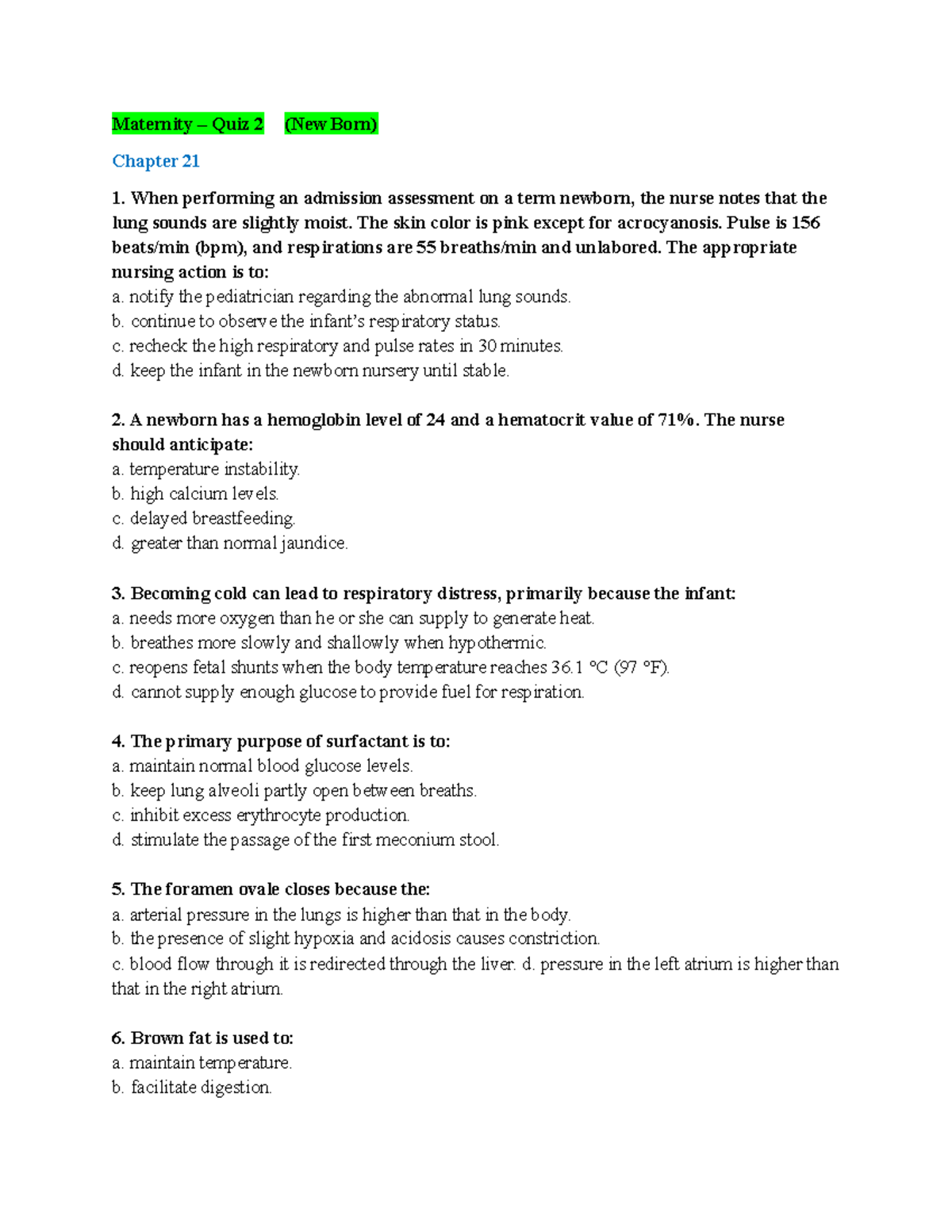 Maternity Quiz 2 Review Guide - Newborn Focused Questions - Studocu